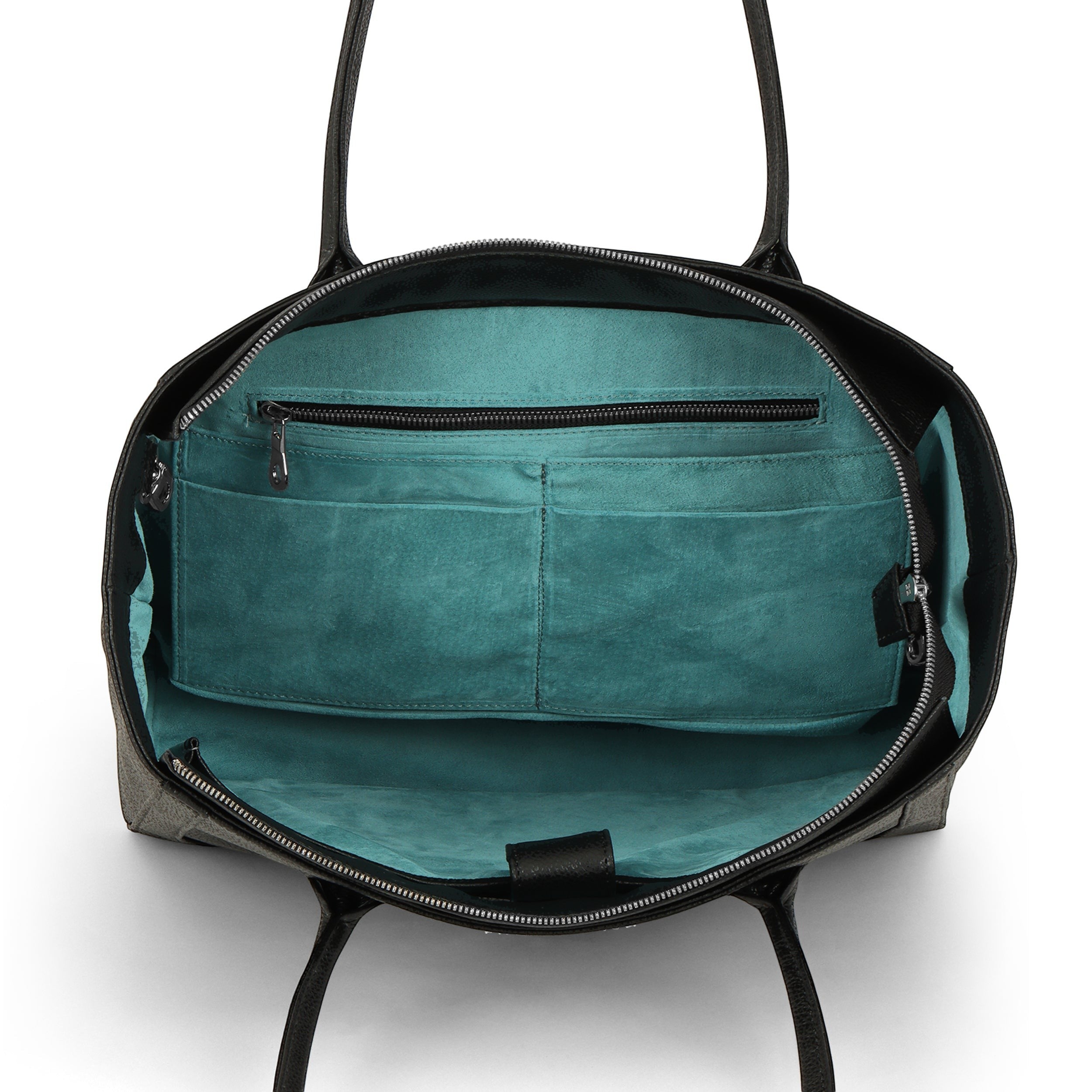 Luis Steven Medium Tote Pro 2.0 interior view showing teal suede lining, pockets, and zipper closure.