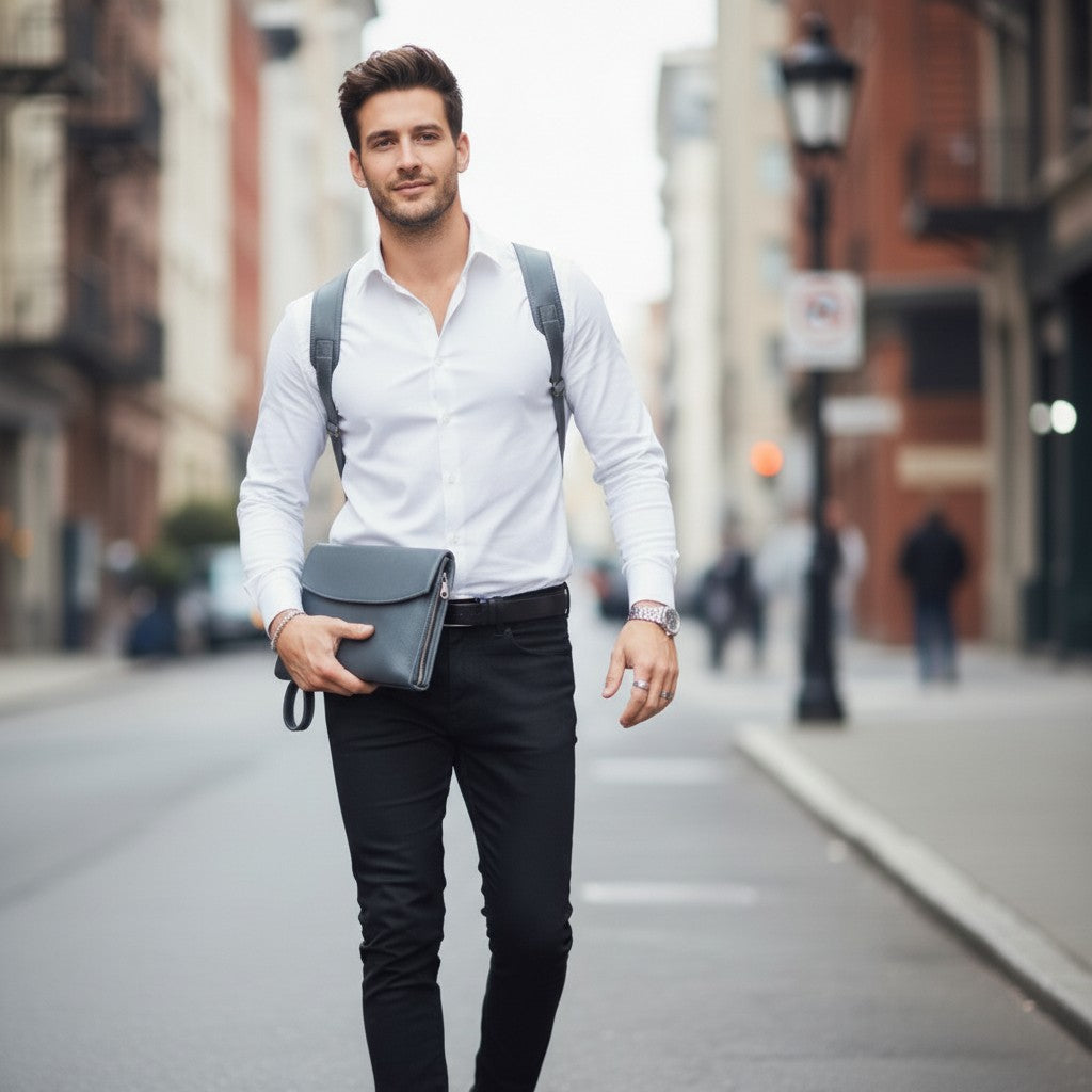 Luis Steven black Italian pebble leather men's clutch with wristlet, held by a man in a white shirt on a city street.