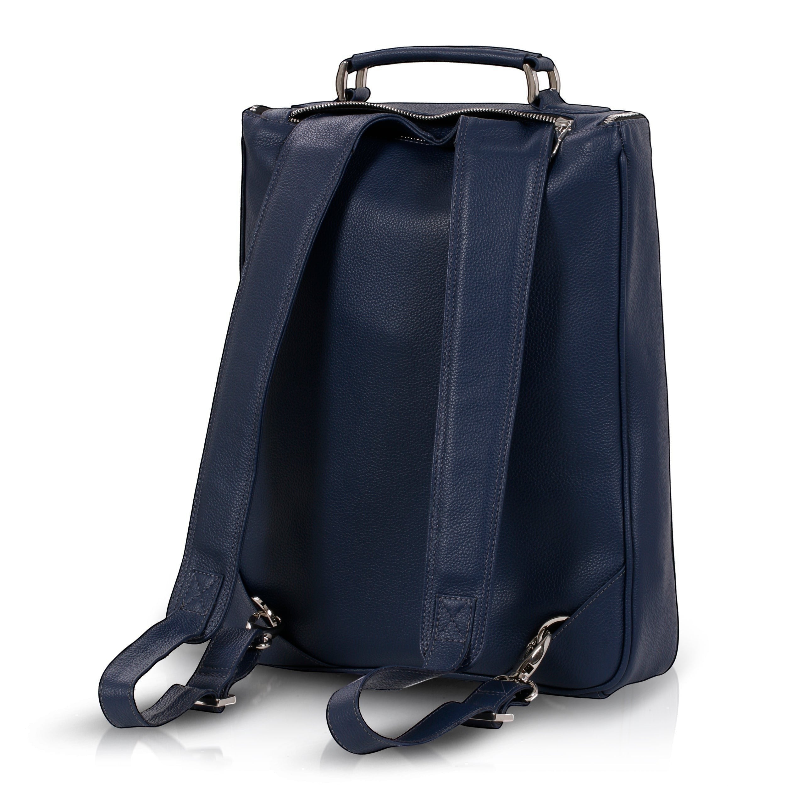 Luis Steven midnight blue pebble leather backpack with top handle and concealable straps, fits up to 15" laptops.