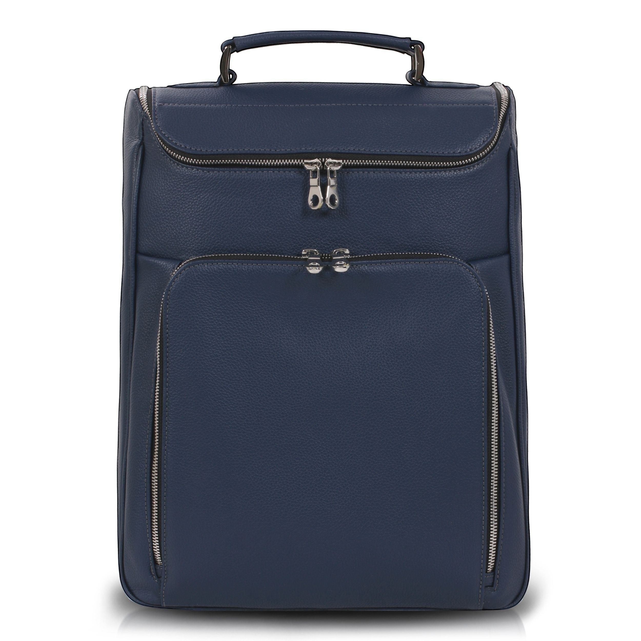 Luis Steven midnight blue pebble leather backpack with top handle, front zip pockets, and concealable straps.