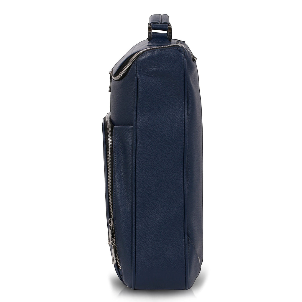 Luis Steven midnight blue pebble leather laptop backpack with top handle and concealable straps.