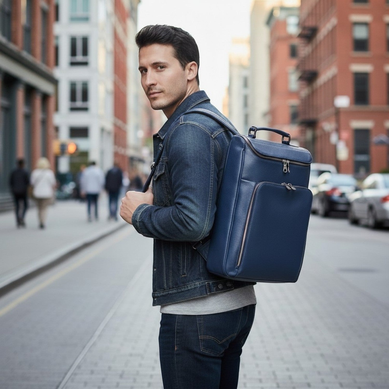 Luis Steven midnight blue pebble leather laptop backpack with briefcase style, top handle, and concealable straps.