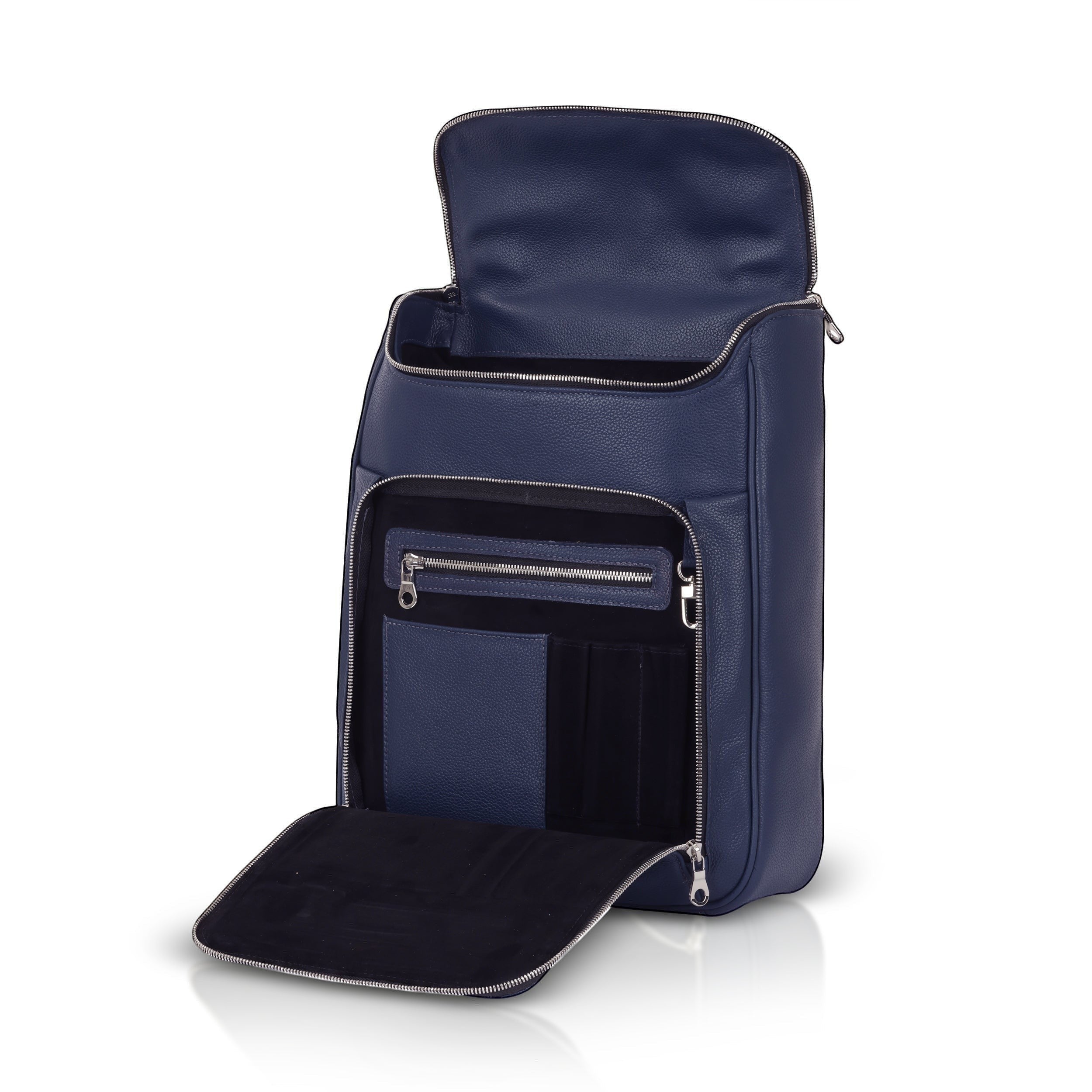 Luis Steven midnight blue pebble leather laptop backpack with multiple compartments and zippers, suitable for business travel.