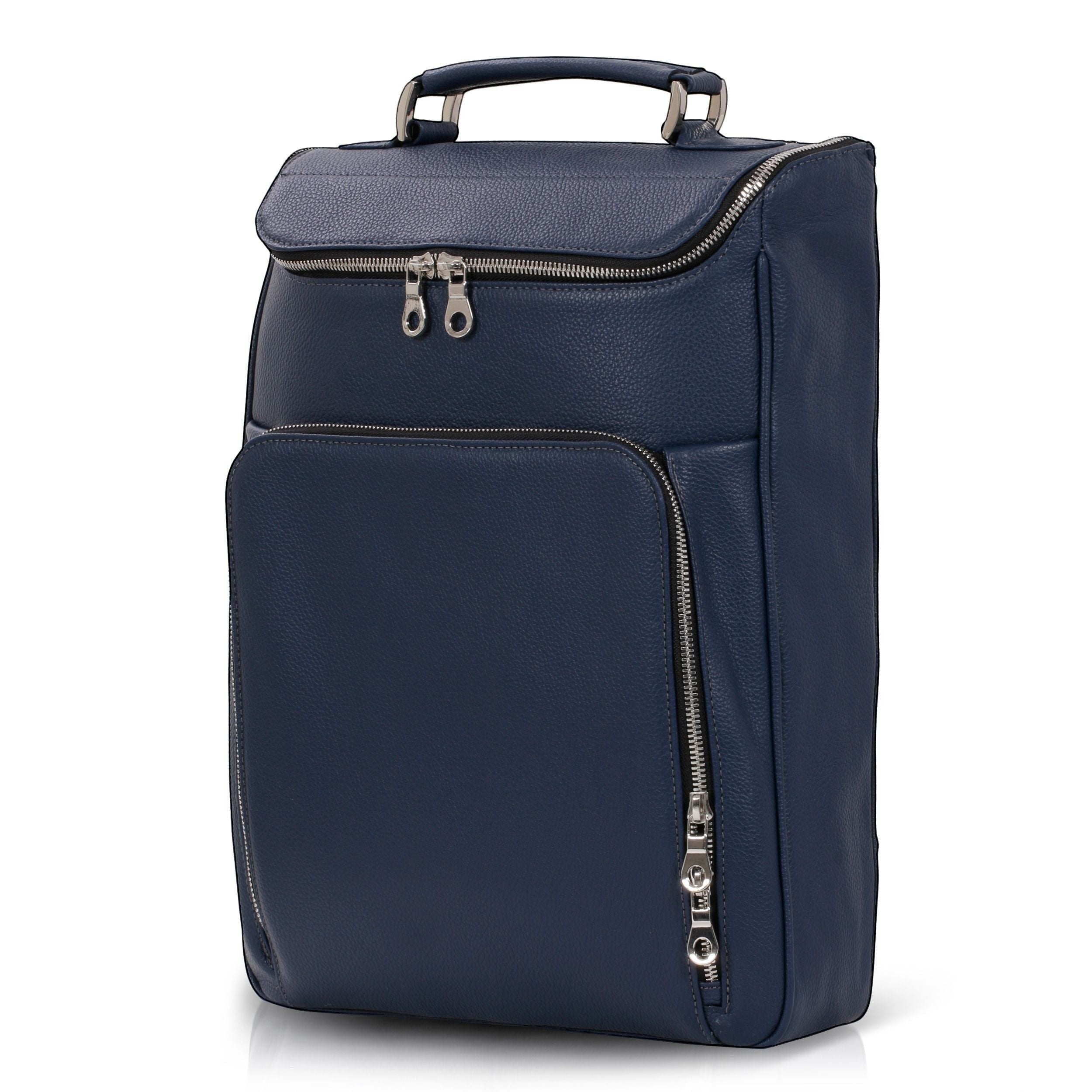 Luis Steven midnight blue pebble leather laptop backpack with top handle and front zip pocket.