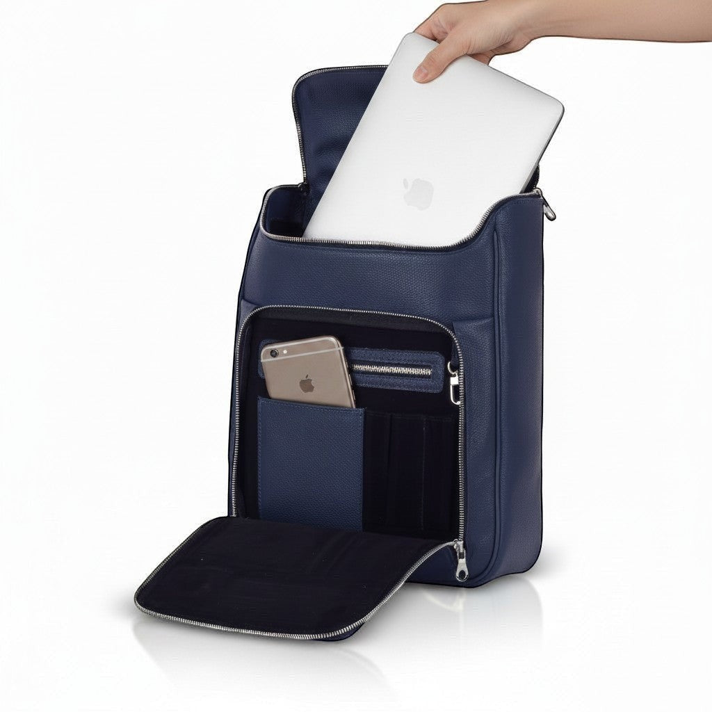 Luis Steven midnight blue pebble leather laptop backpack with front organizer and zip pocket, fits up to 16" laptop.