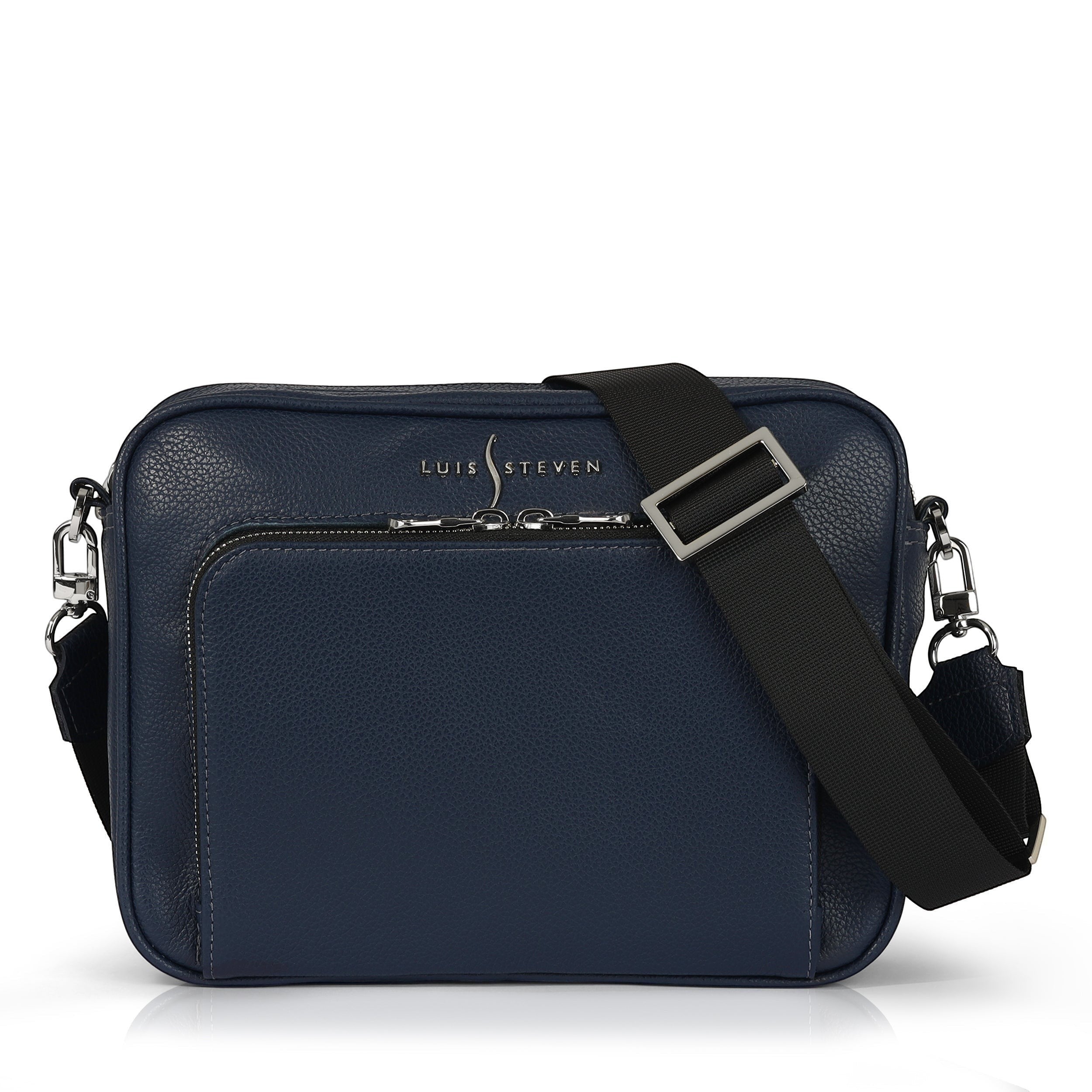 Luis Steven West Side Messenger bag in midnight blue pebble leather with black crossbody strap and silver hardware.
