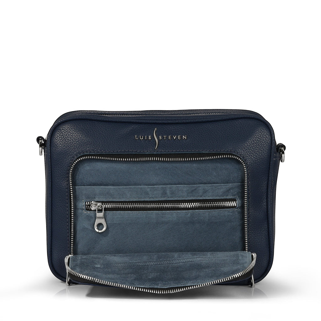 Luis Steven West Side Messenger bag in midnight blue pebble leather with suede lining and silver hardware. Features front organizer and interior pockets.