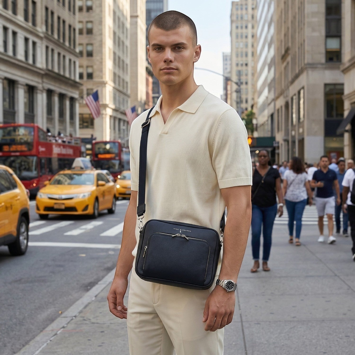 Luis Steven West Side Messenger bag in midnight blue pebble leather with a detachable nylon crossbody strap, worn by a man on a city street.