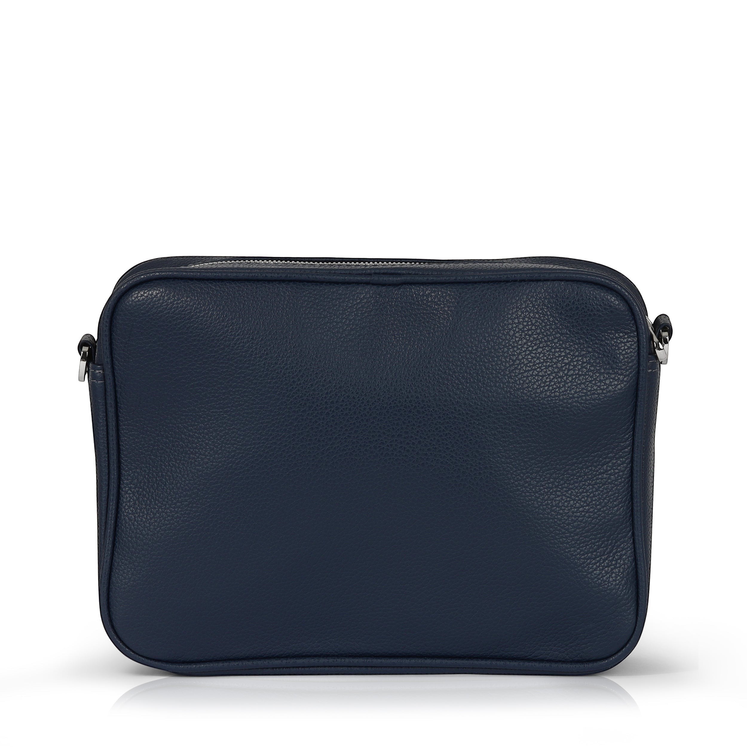 Luis Steven West Side Messenger bag in midnight blue pebble leather with suede lining and nickel hardware.
