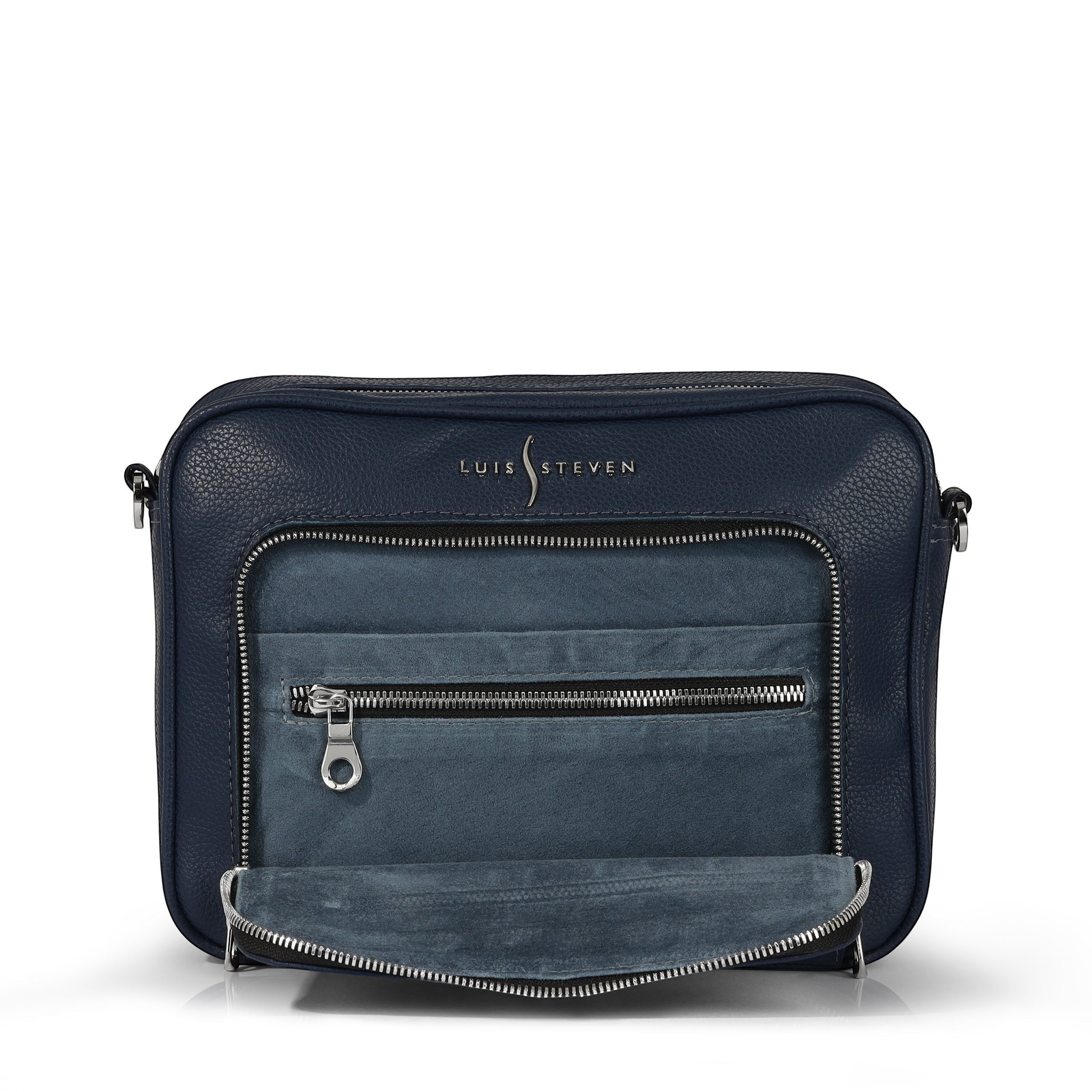 Luis Steven West Side Messenger bag in midnight blue pebble leather with suede lining and silver hardware. Features front organizer and interior pockets.