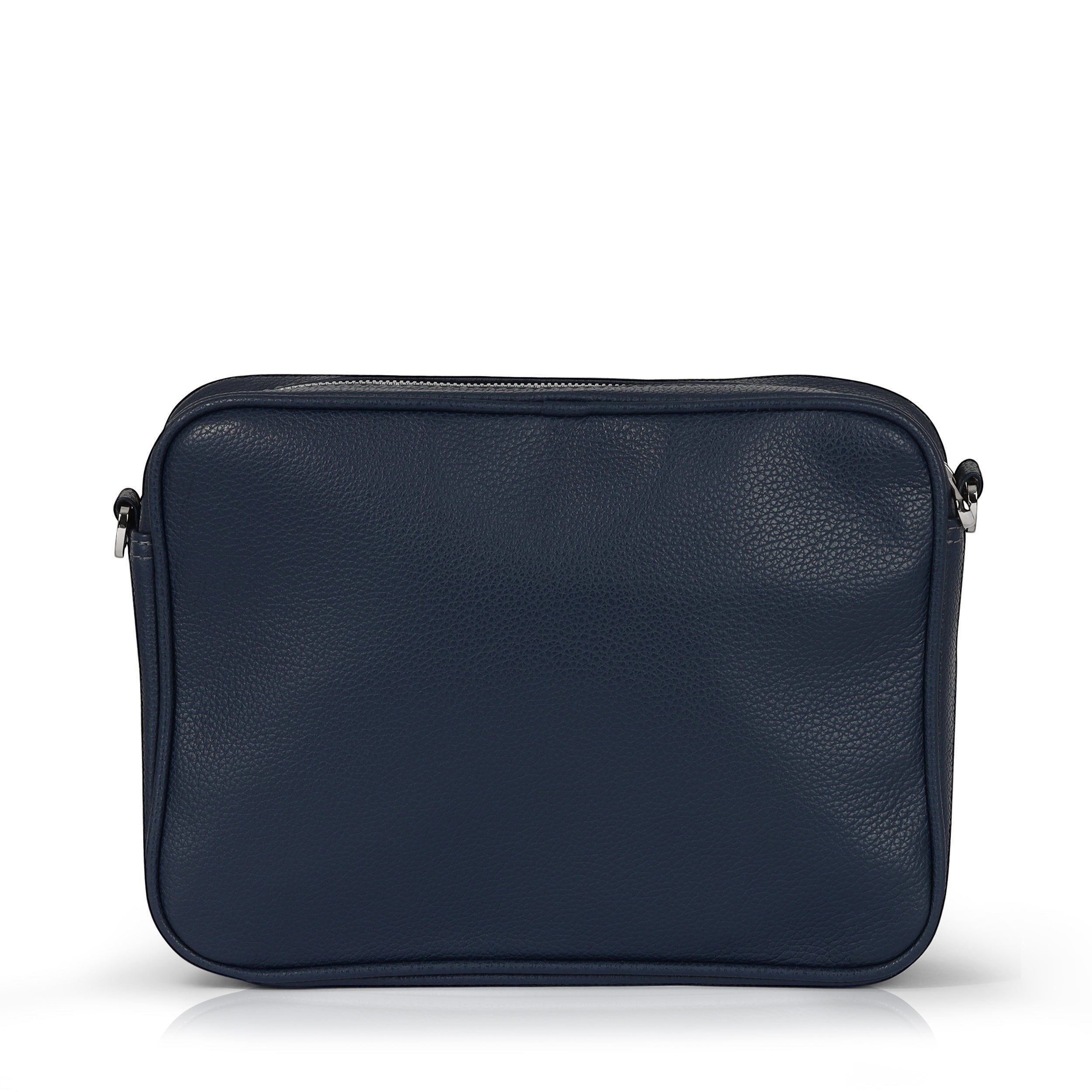 Luis Steven West Side Messenger bag in midnight blue pebble leather with suede lining and nickel hardware.