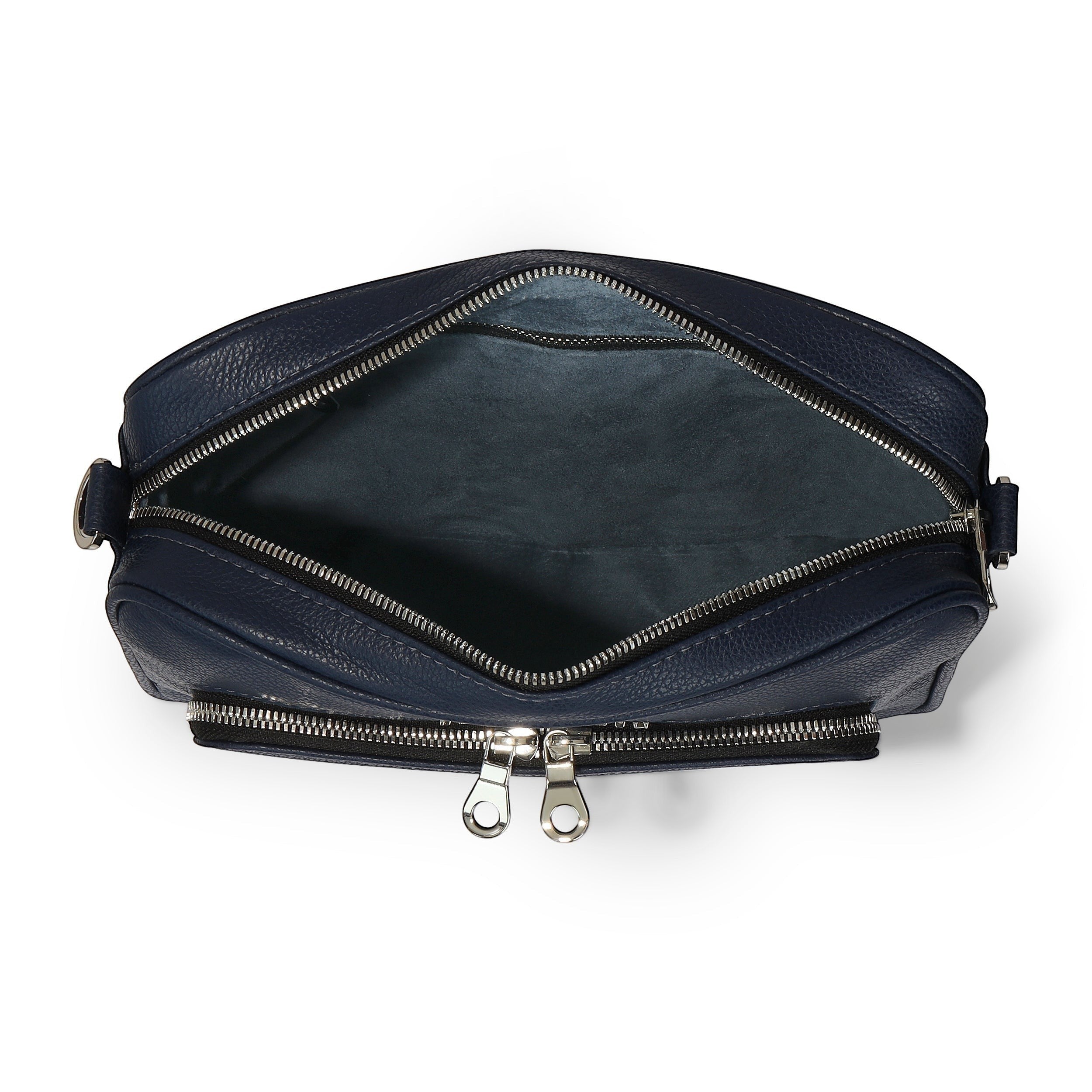 Luis Steven West Side Messenger bag in midnight blue pebble leather with suede lining and silver hardware. Features exterior organizer and interior pockets.