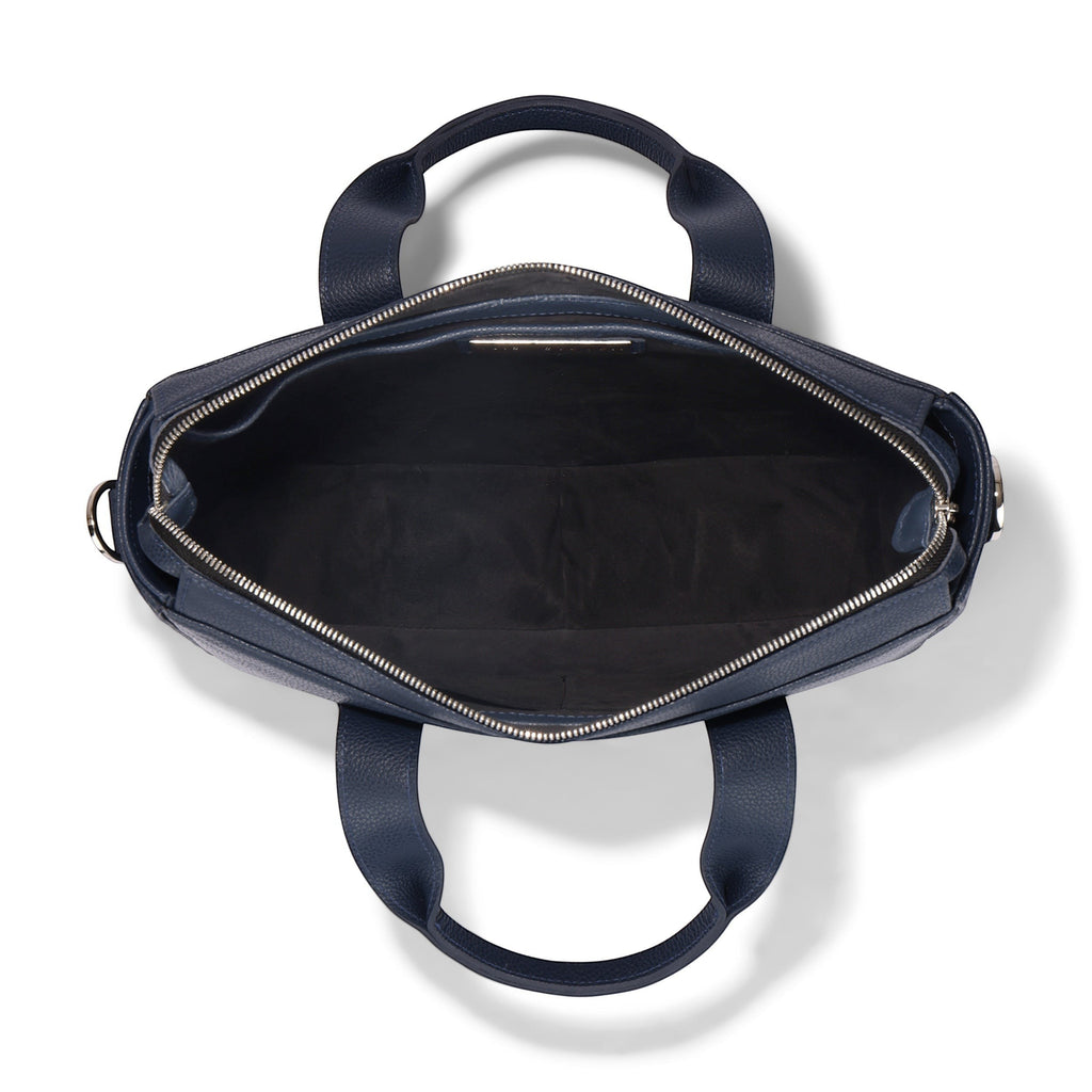 Luis Steven Midnite Blue Pebble leather slim tote bag with top zipper and nickel hardware, interior view.