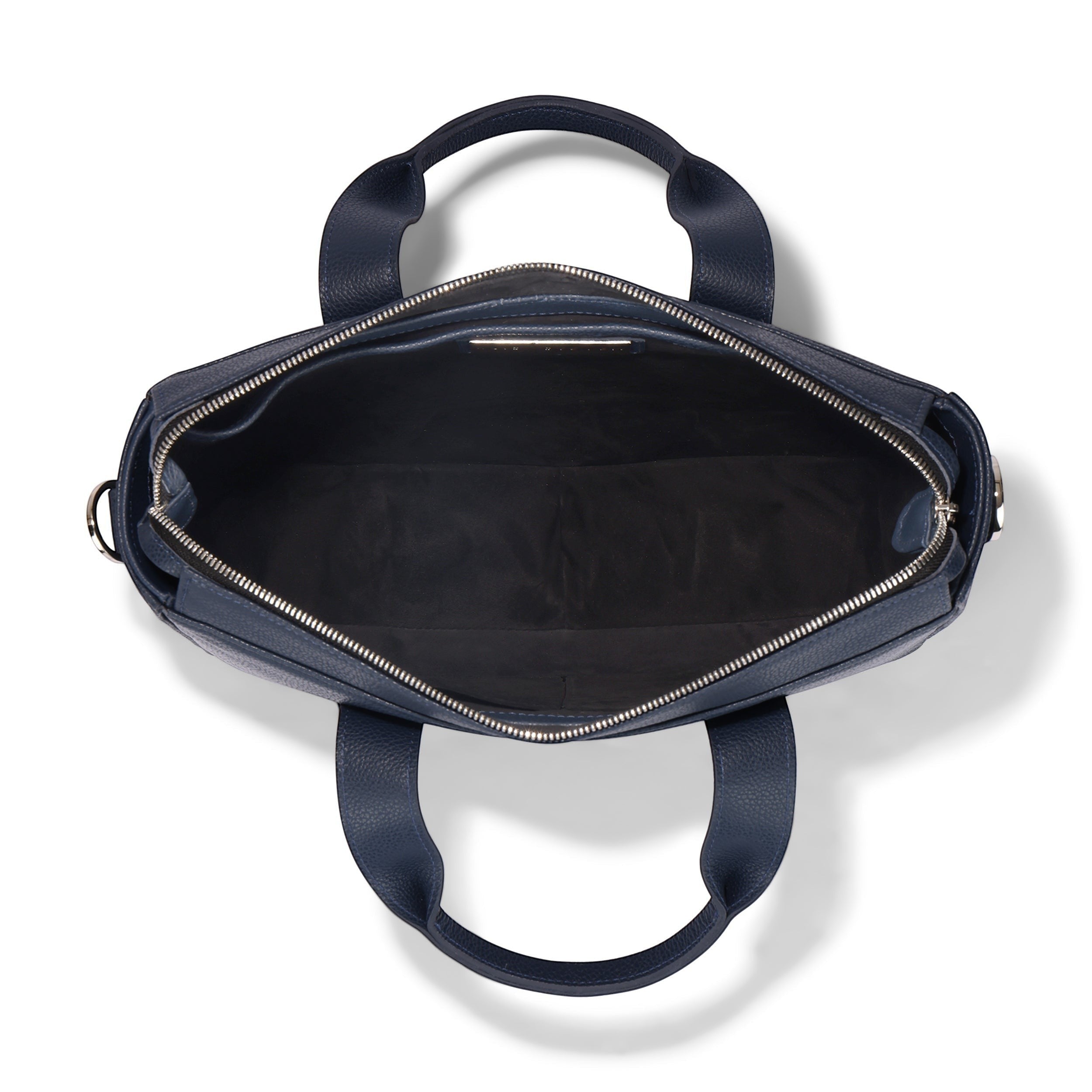 Luis Steven Midnite Blue Pebble leather slim tote bag with top zipper and nickel hardware, interior view.