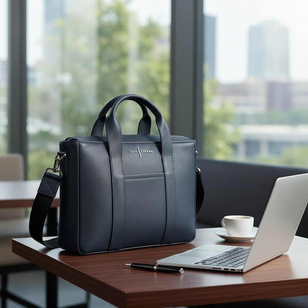 Luis Steven Slim Tote in midnite blue pebble leather, a structured everyday essential with a slim profile, nickel hardware, and adjustable strap.