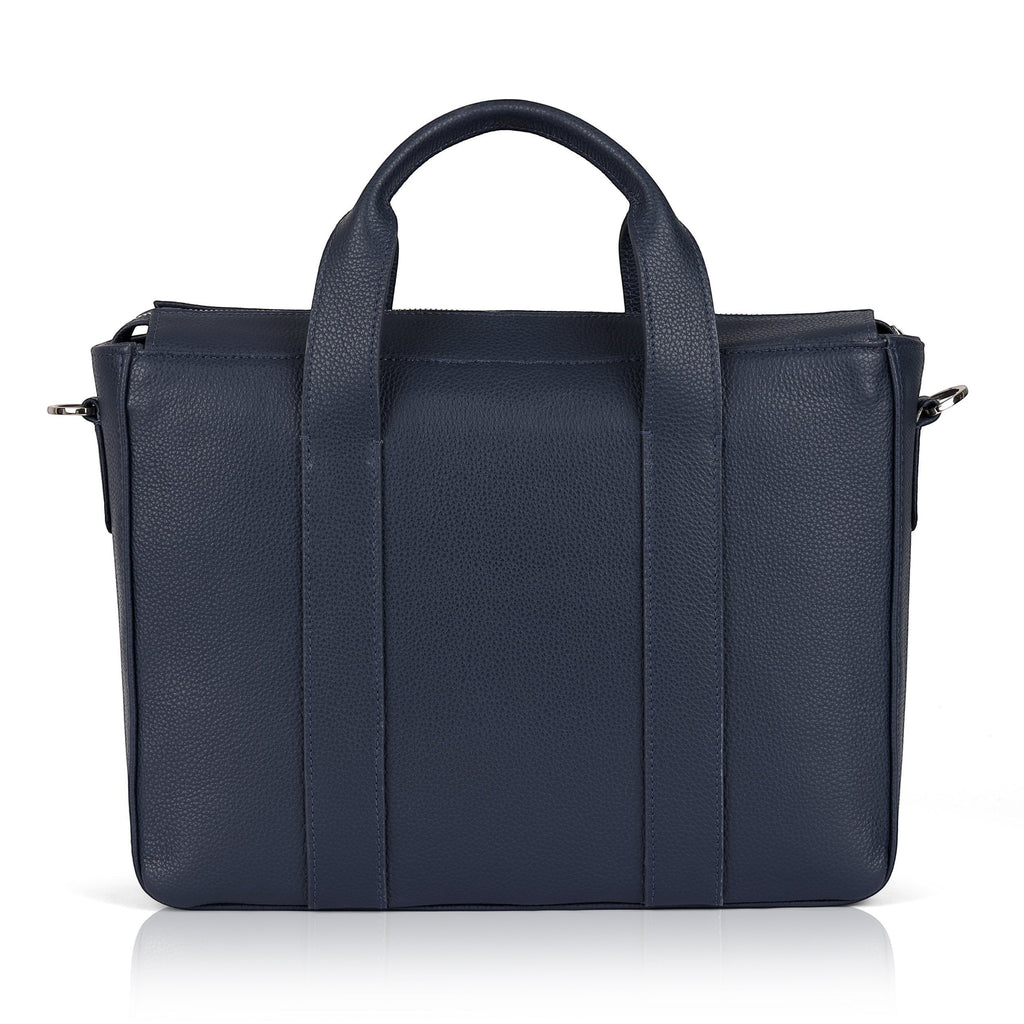 Luis Steven Midnite Blue Pebble leather slim tote bag with top handles and nickel hardware. Fits a 12" laptop.
