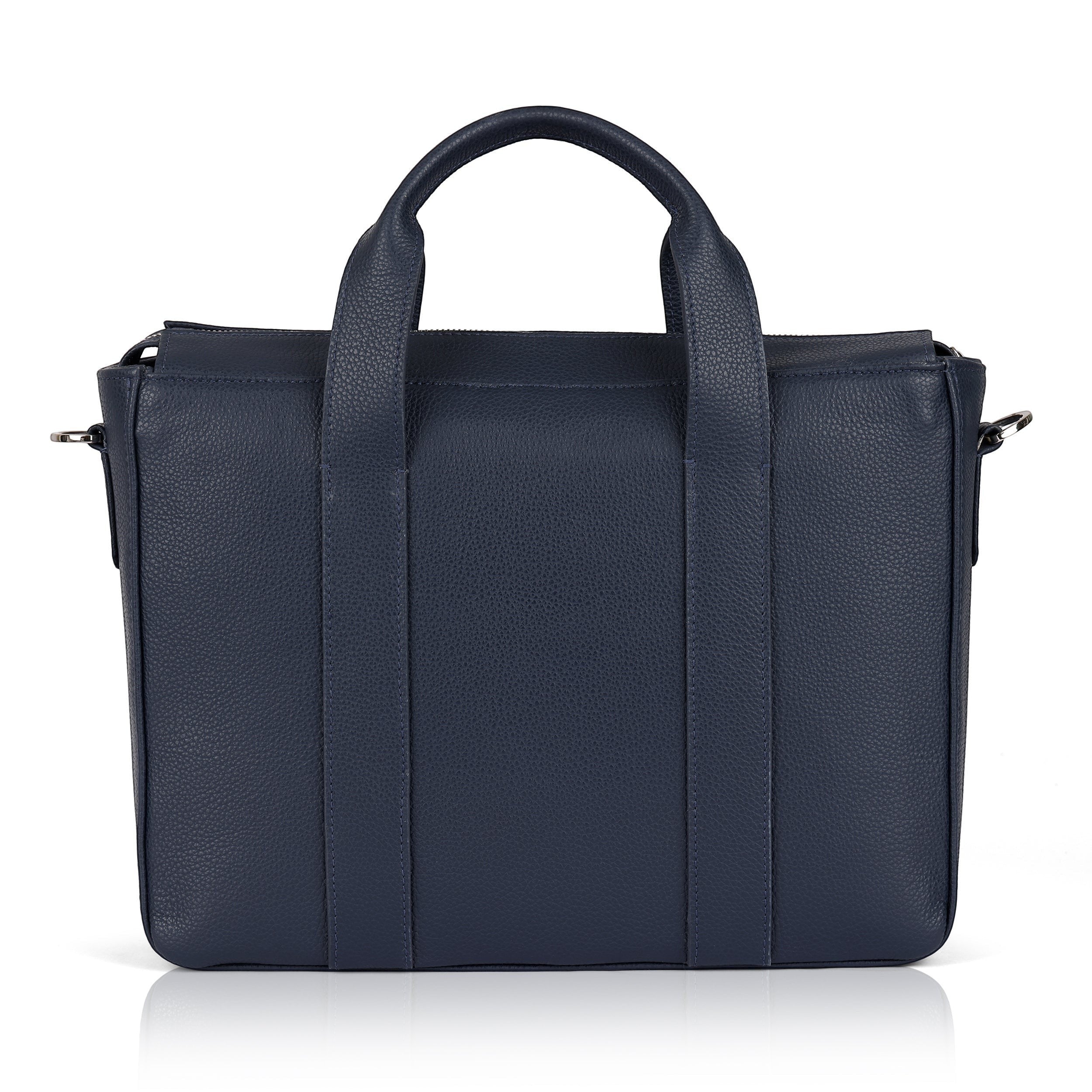 Luis Steven Midnite Blue Pebble leather slim tote bag with top handles and nickel hardware. Fits a 12" laptop.