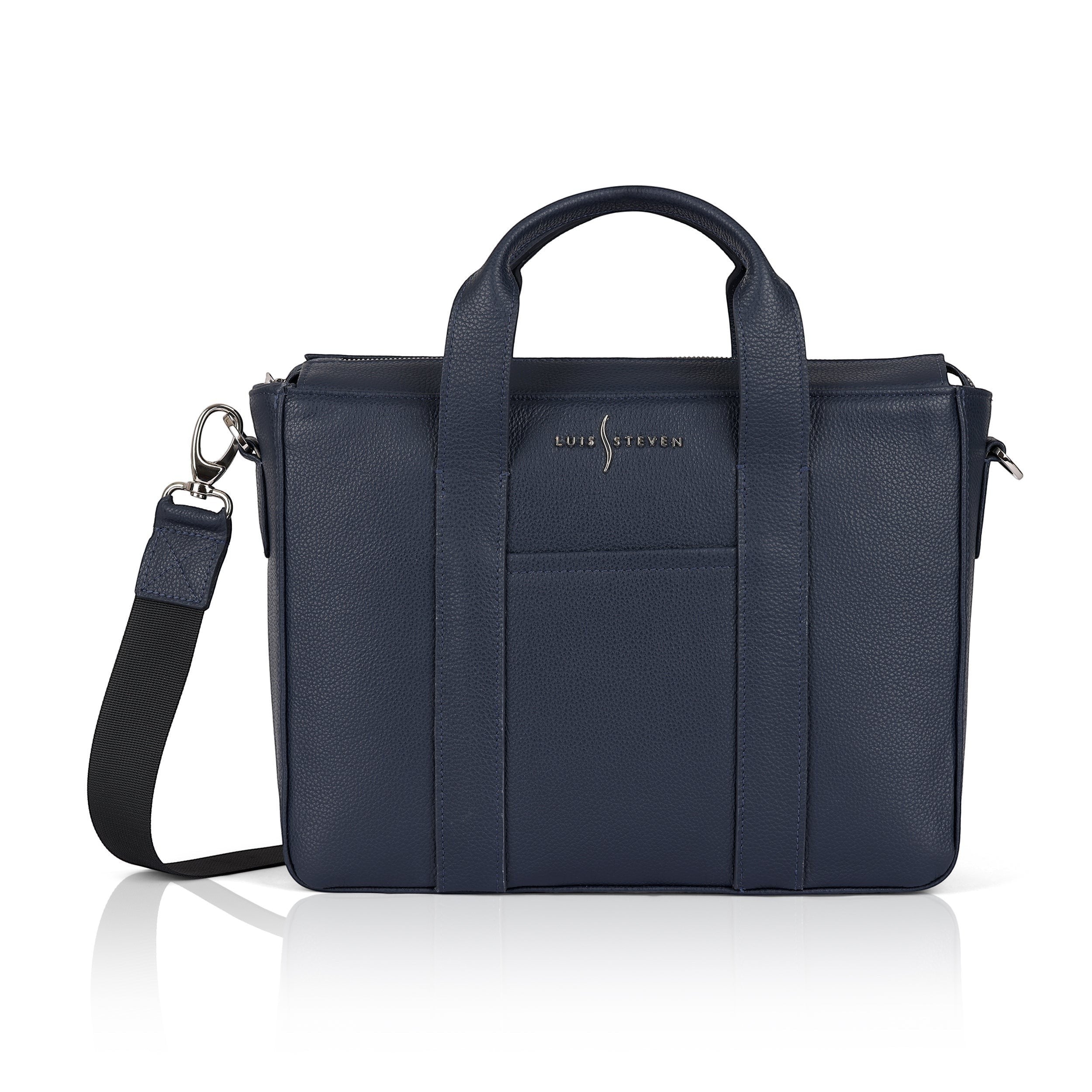 Luis Steven Slim Tote in Midnite Blue Pebble leather, a structured everyday bag with nickel hardware, adjustable strap, and secure top zipper.