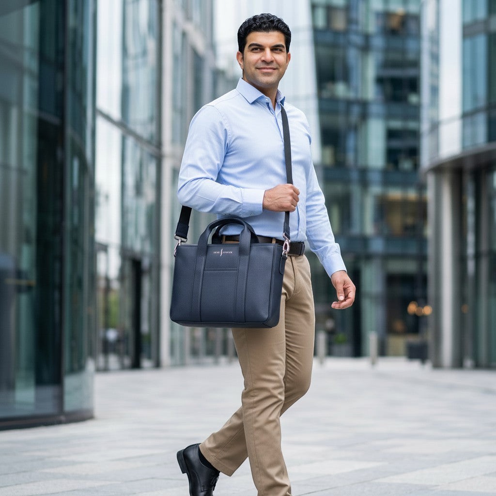 Luis Steven Slim Tote in Midnite Blue Pebble leather, a structured everyday bag with a slim profile, nickel hardware, and adjustable strap.