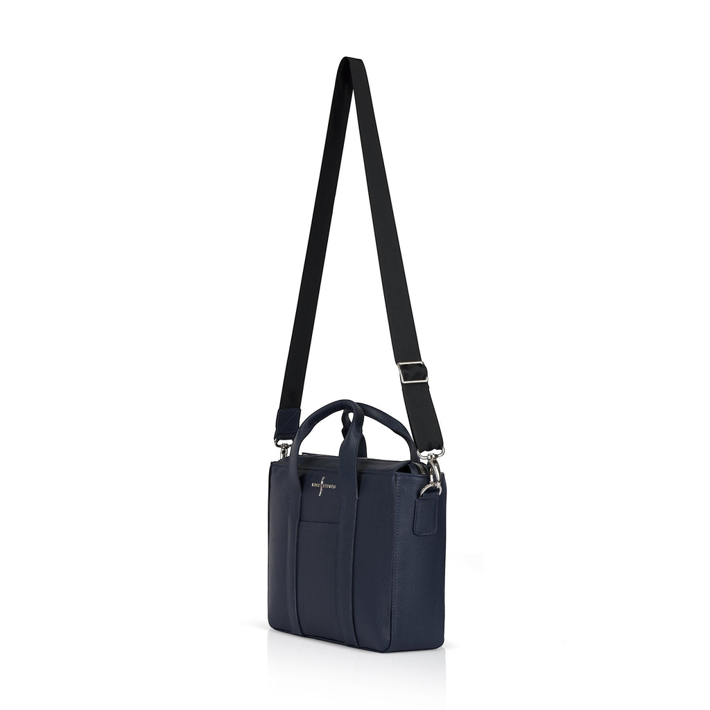 Luis Steven Slim Tote in Midnite Blue Pebble leather with adjustable strap, nickel hardware, and top zipper closure.