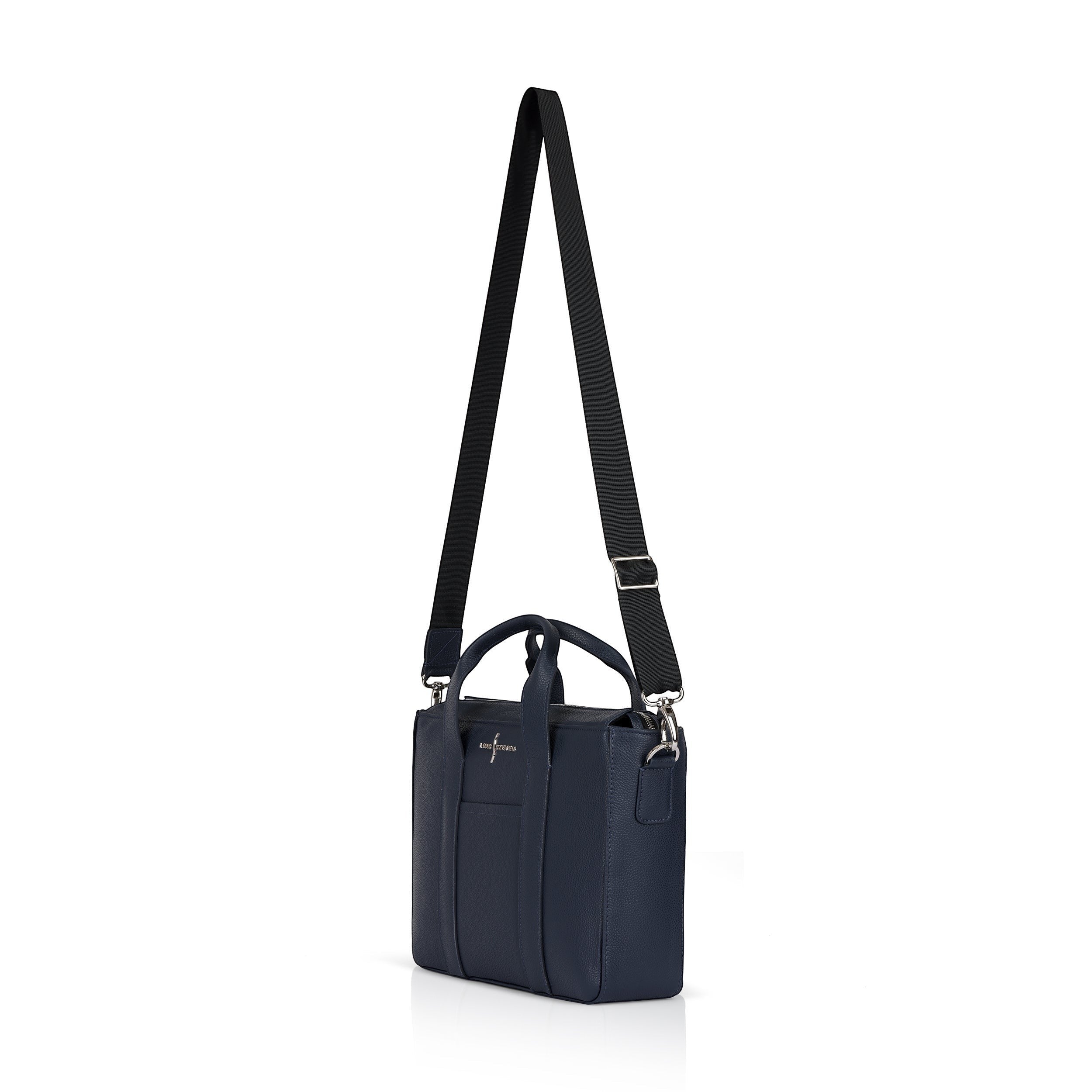 Luis Steven Slim Tote in Midnite Blue Pebble leather with adjustable strap, nickel hardware, and top zipper closure.