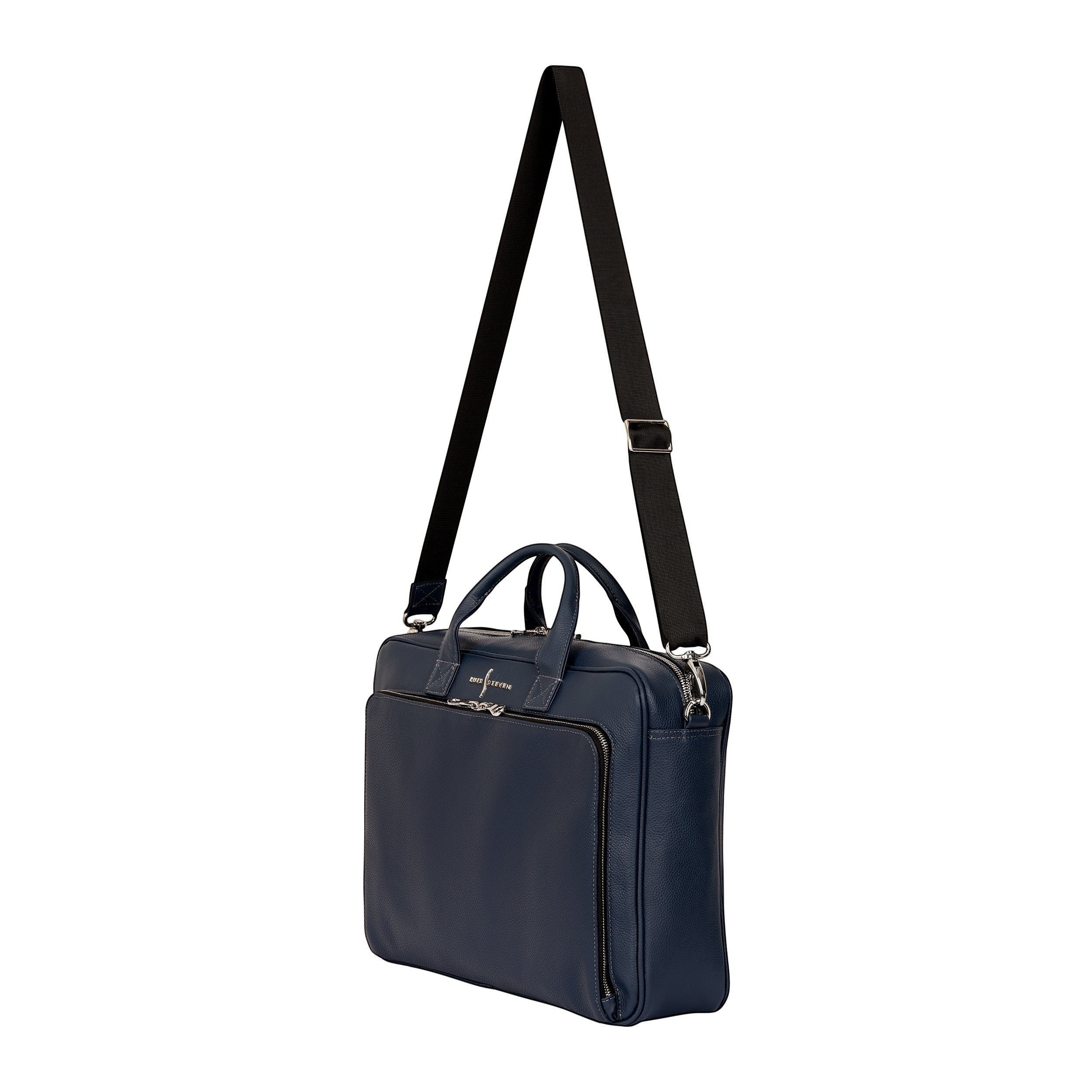 Luis Steven navy blue pebble leather briefcase with top handles and crossbody strap. Features front zip pocket and top zip closure.