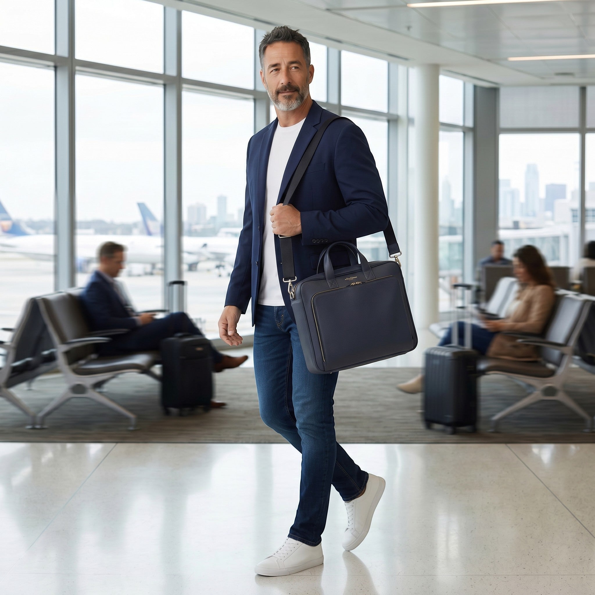 Luis Steven navy pebble leather briefcase with suede lining, top handle, and crossbody strap, carried by a man in an airport.