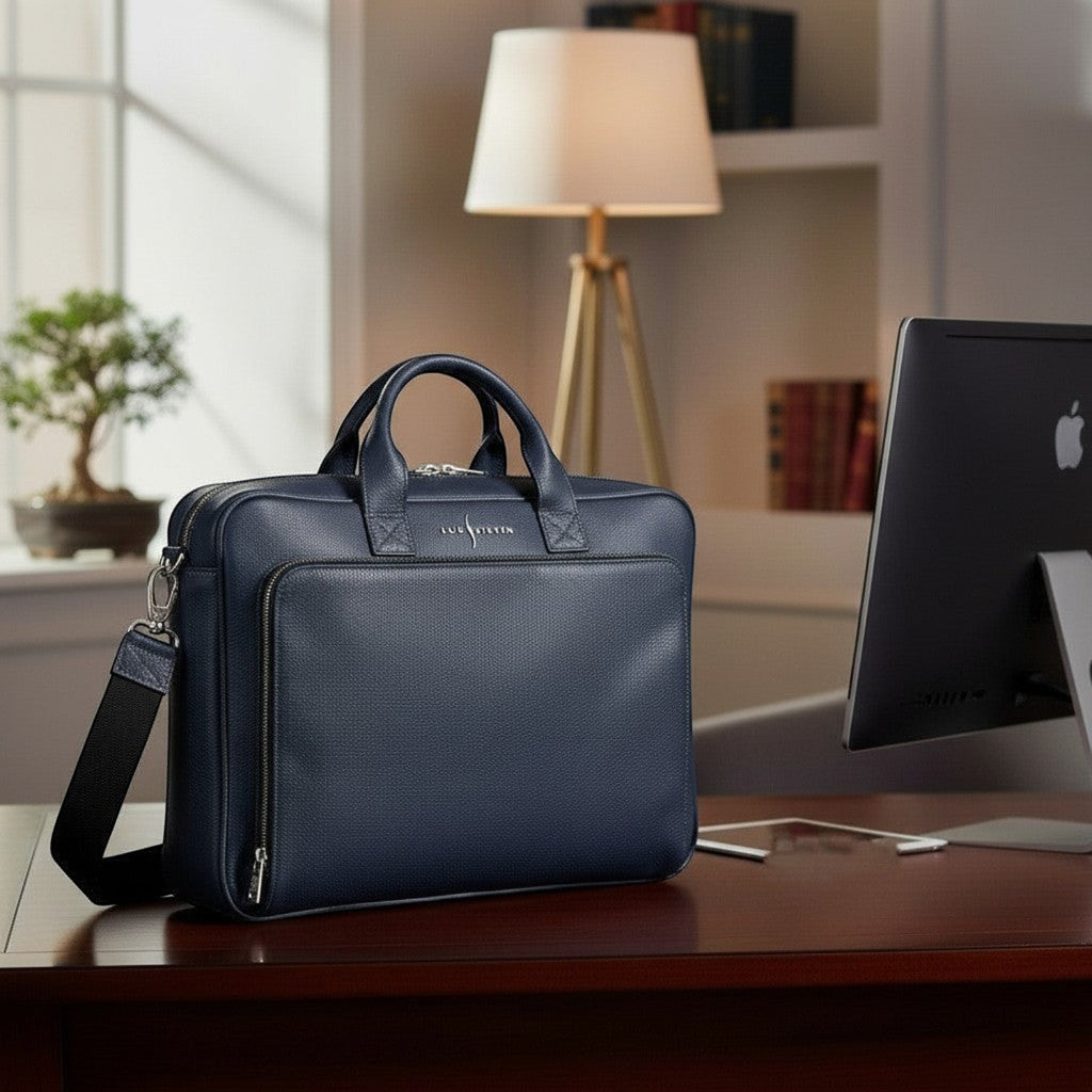 Luis Steven navy blue pebble leather briefcase with suede interior, top handle, and crossbody strap. Fits 15" laptops.