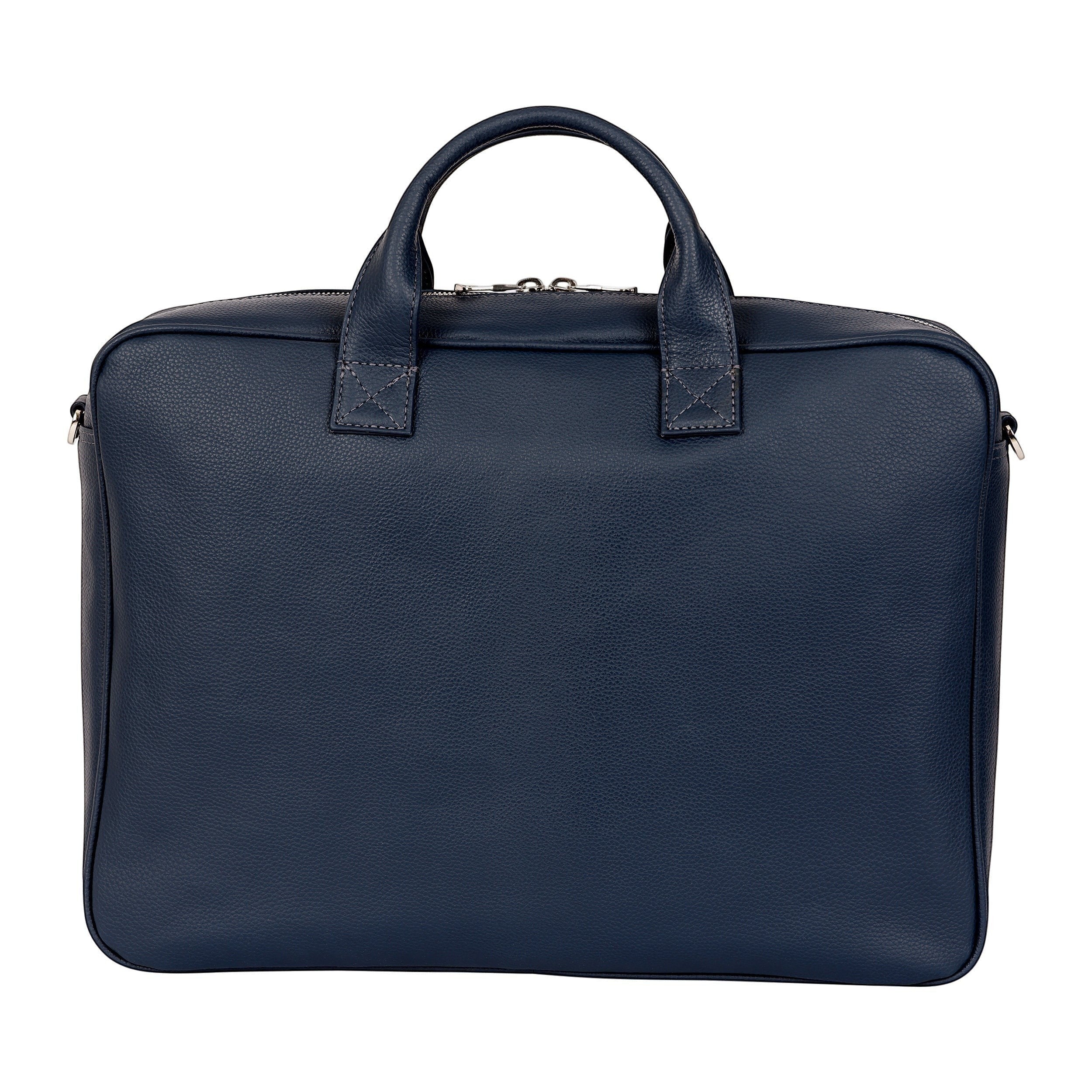 Luis Steven navy blue pebble leather briefcase with top handles and zippered closure. Fits up to 16" laptop.