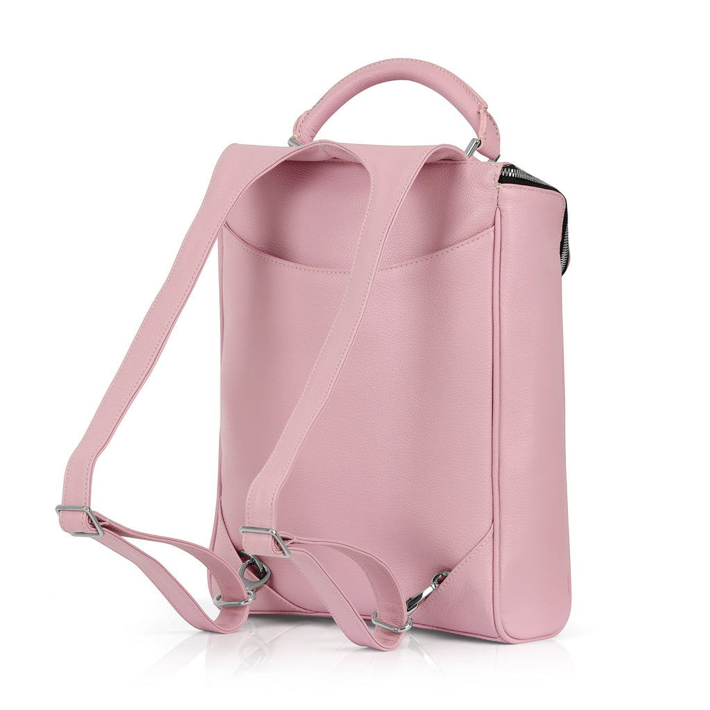 Luis Steven pink pebble leather small laptop backpack with convertible straps and zippered pockets.