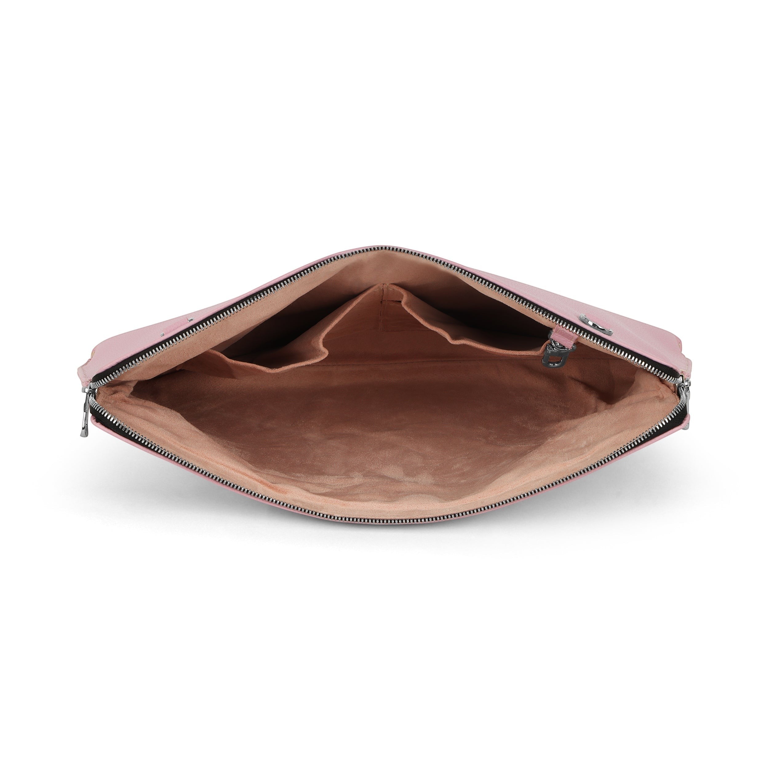 Luis Steven pink pebble leather laptop sleeve interior view showing suede lining and accessory pockets