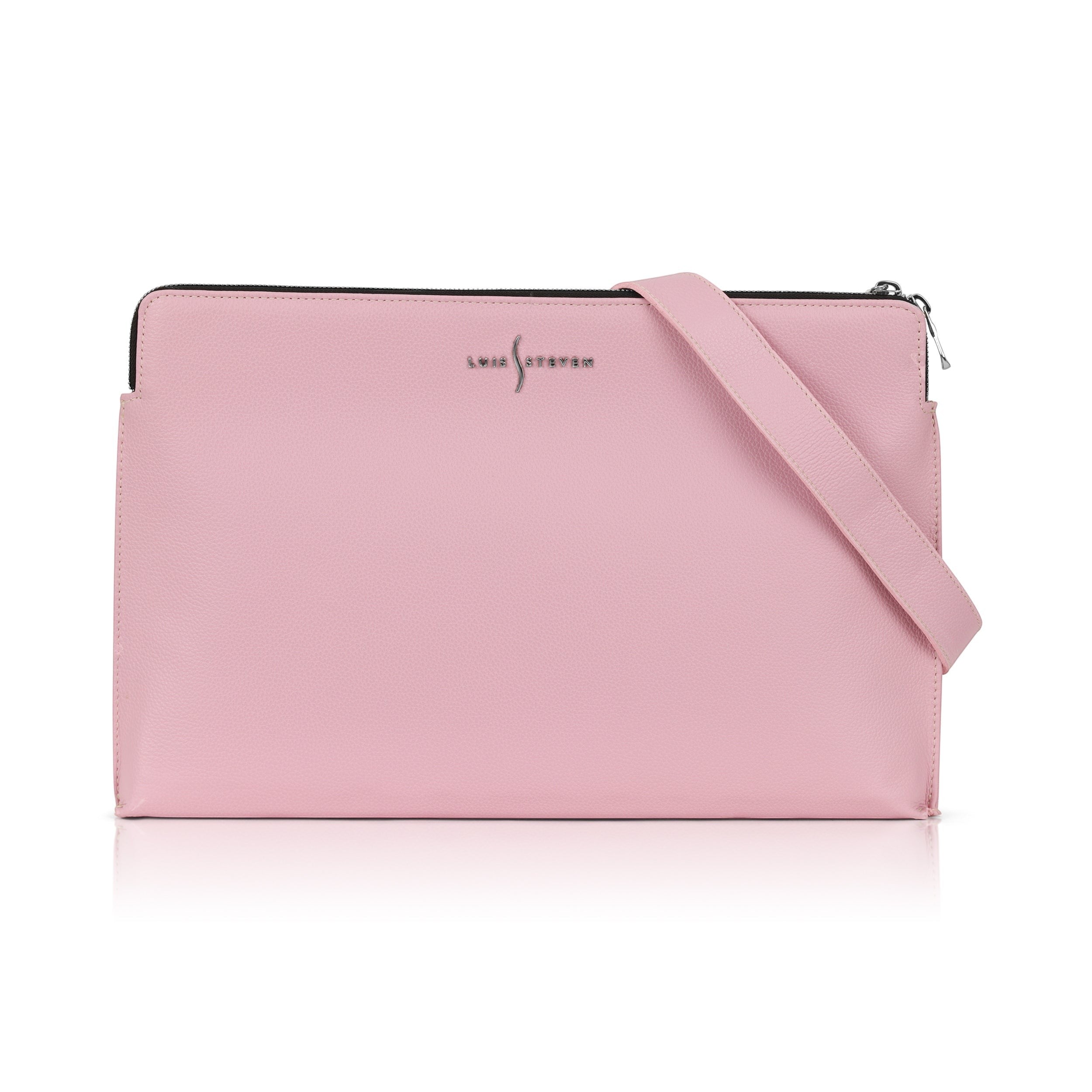 Luis Steven pink Italian pebble leather laptop sleeve with a detachable shoulder strap and silver logo hardware.