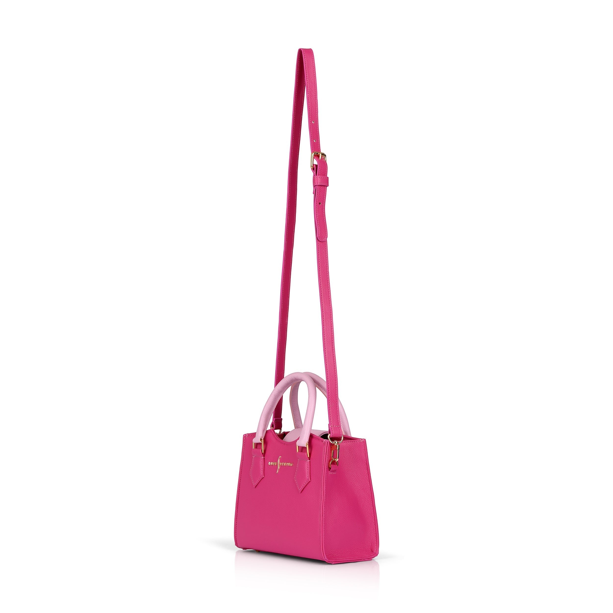 Luis Steven pink pebble leather mini tote bag with top handles and detachable crossbody strap. Interior zipper pocket.