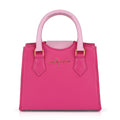 Luis Steven pink pebble leather mini tote with pink top handles and gold hardware. Features a detachable crossbody strap and interior zipper pocket.