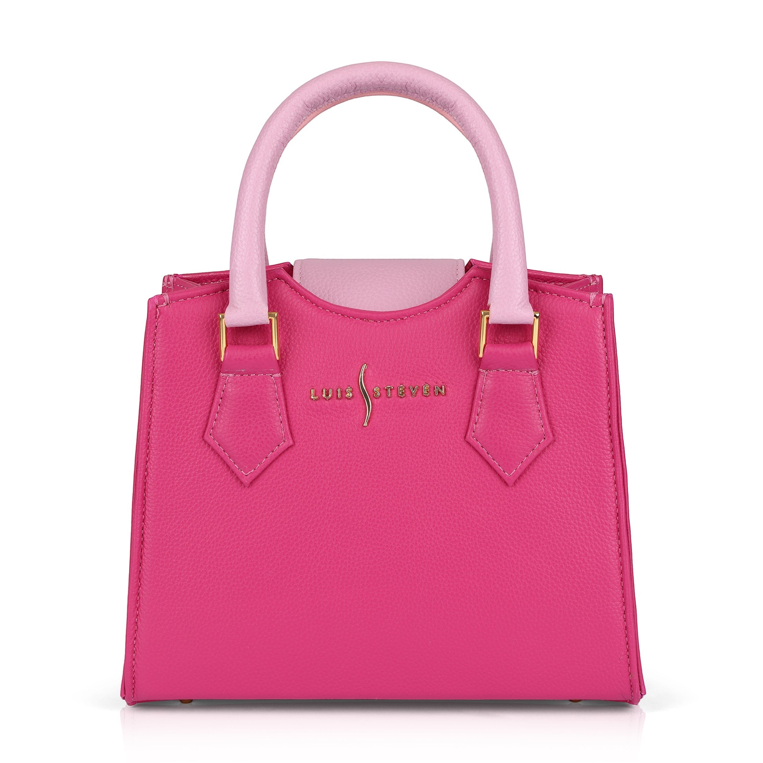 Luis Steven pink pebble leather mini tote with pink top handles and gold hardware. Features a detachable crossbody strap and interior zipper pocket.