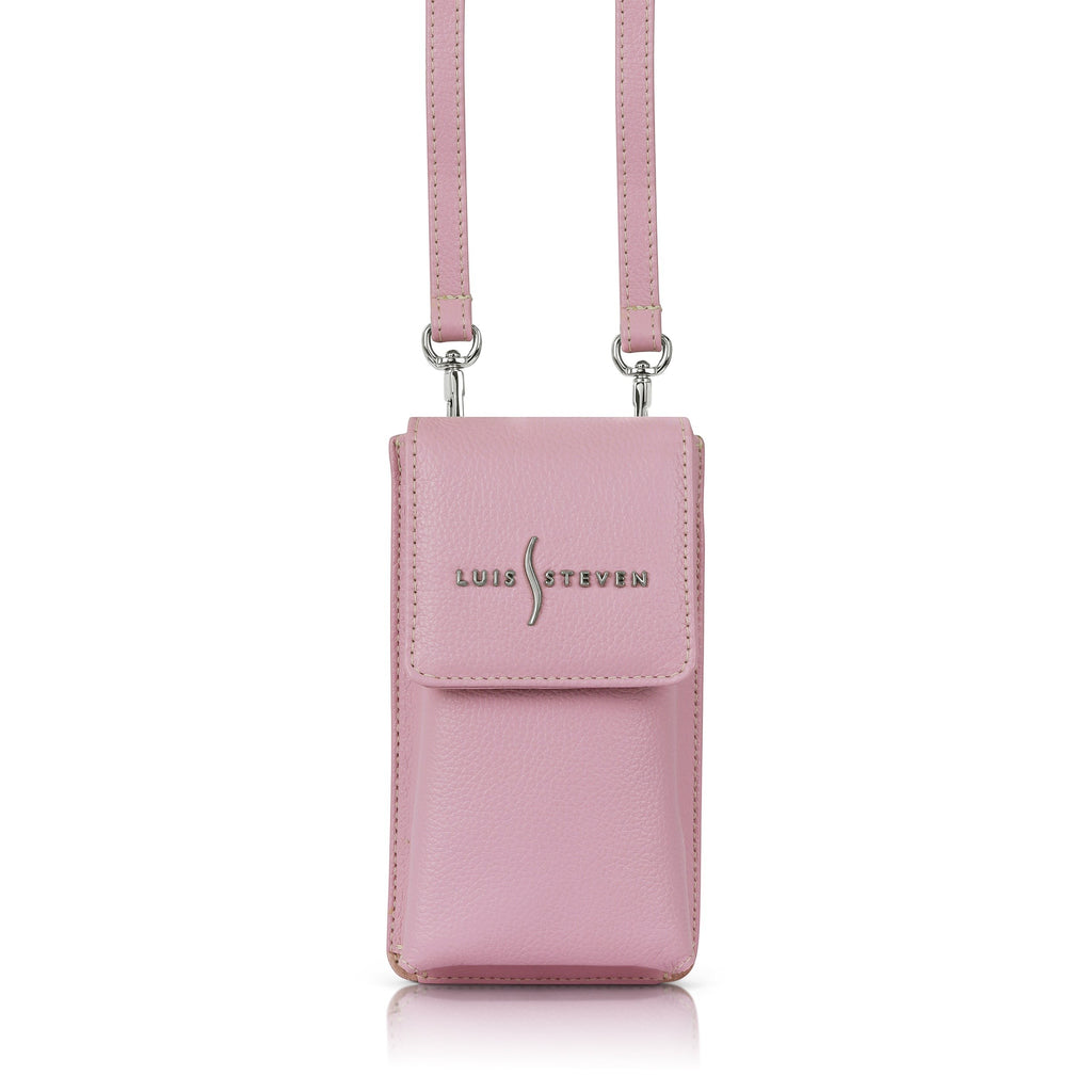 Luis Steven pink pebble leather smartphone pouch with flap closure, card slots, and detachable crossbody strap.