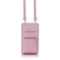Luis Steven pink pebble leather smartphone pouch with flap closure, card slots, and detachable crossbody strap.