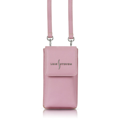 Luis Steven pink pebble leather smartphone pouch with flap closure, card slots, and detachable crossbody strap.