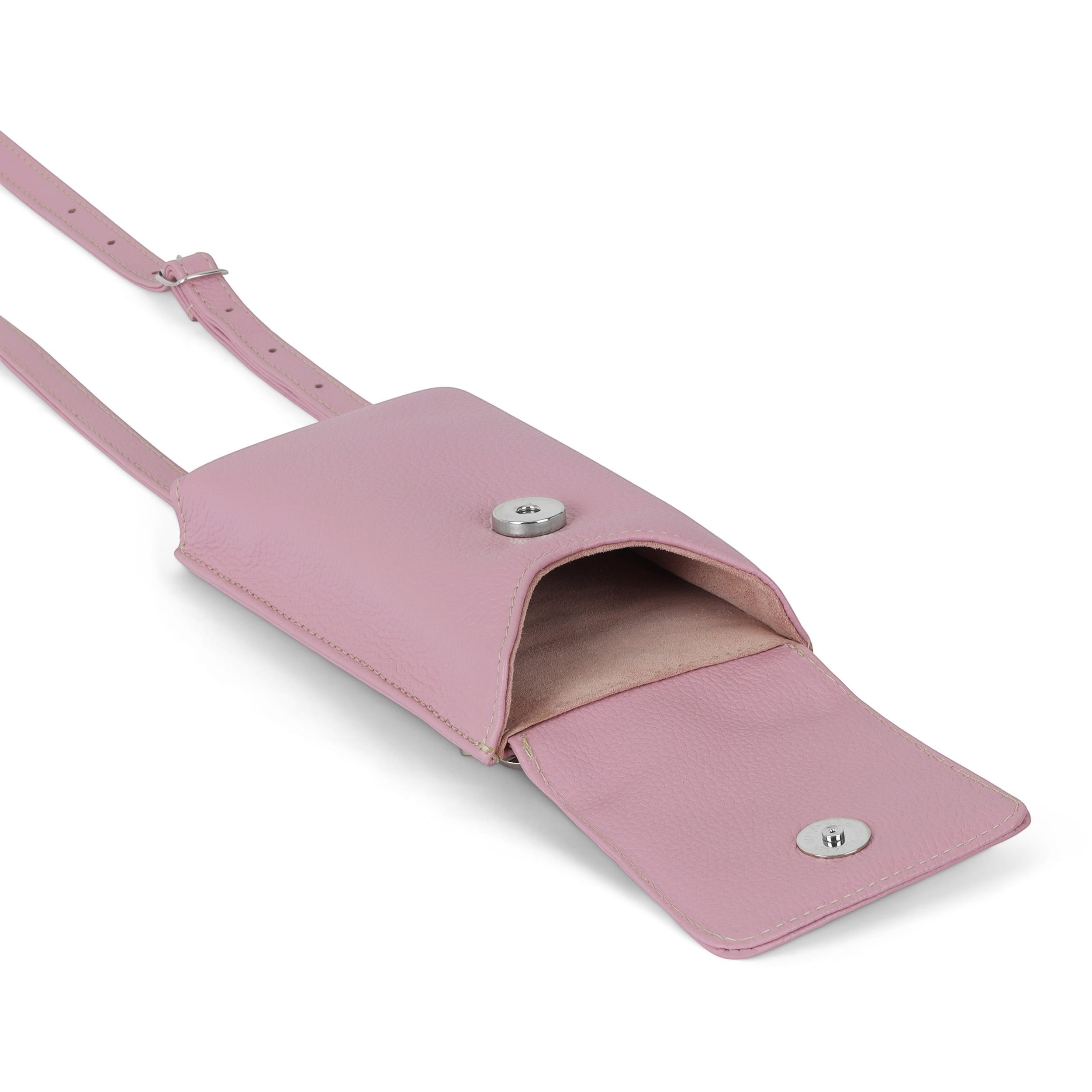 Luis Steven pink pebble leather smartphone pouch with flap closure, adjustable strap, and card slots.