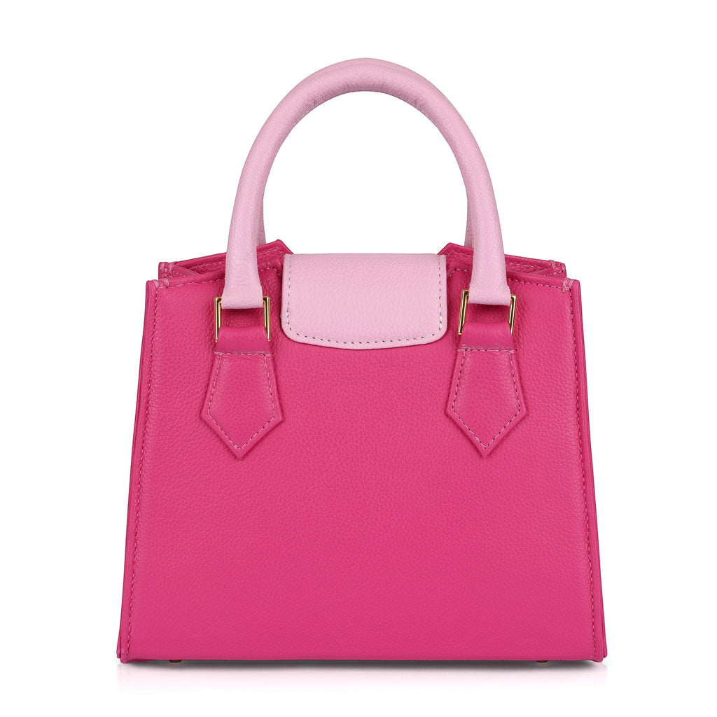 Luis Steven Donna's Mini Tote in pink pebble leather with contrasting light pink top handles and flap. Features gold hardware and magnetic closure.