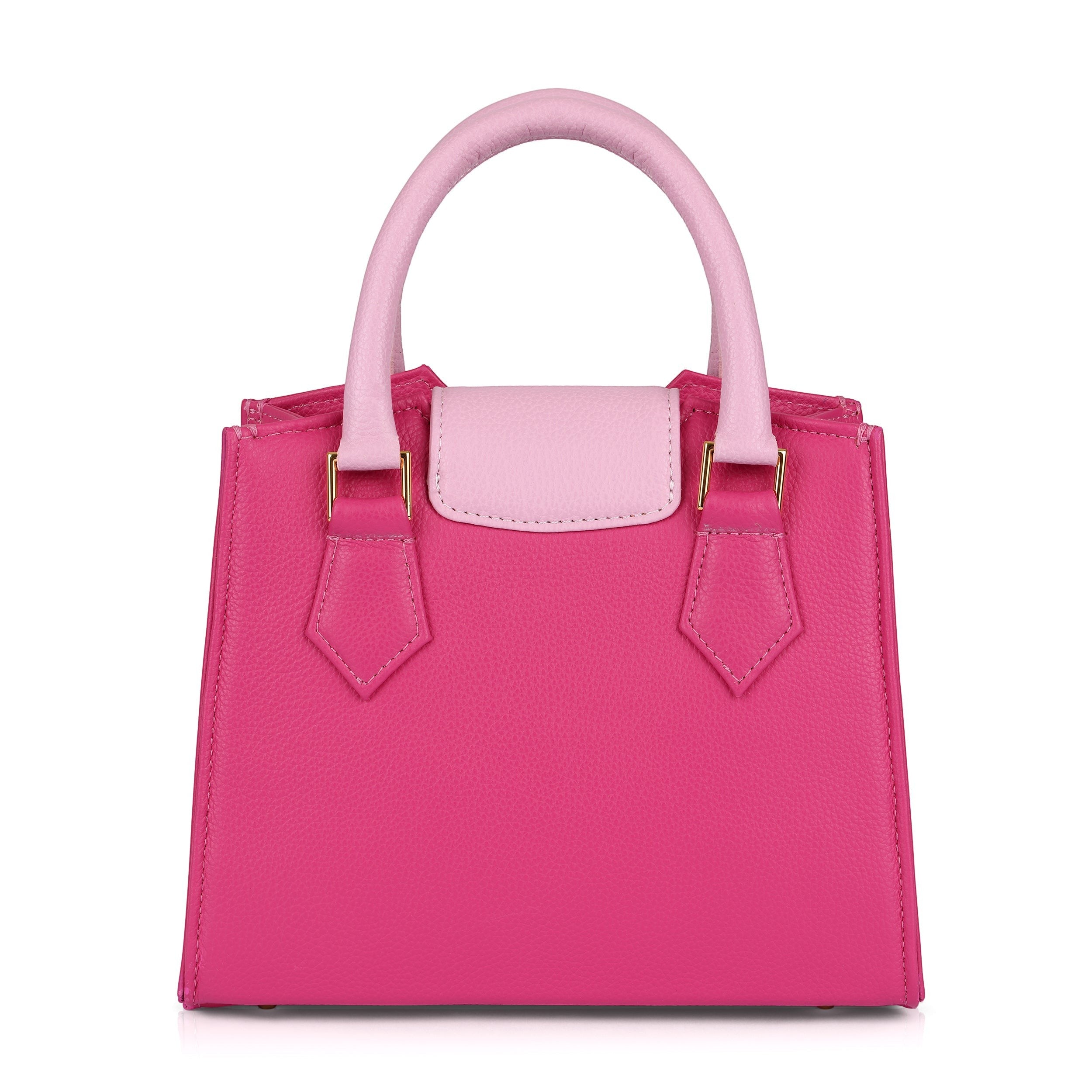 Luis Steven Donna's Mini Tote in pink pebble leather with contrasting light pink top handles and flap. Features gold hardware and magnetic closure.