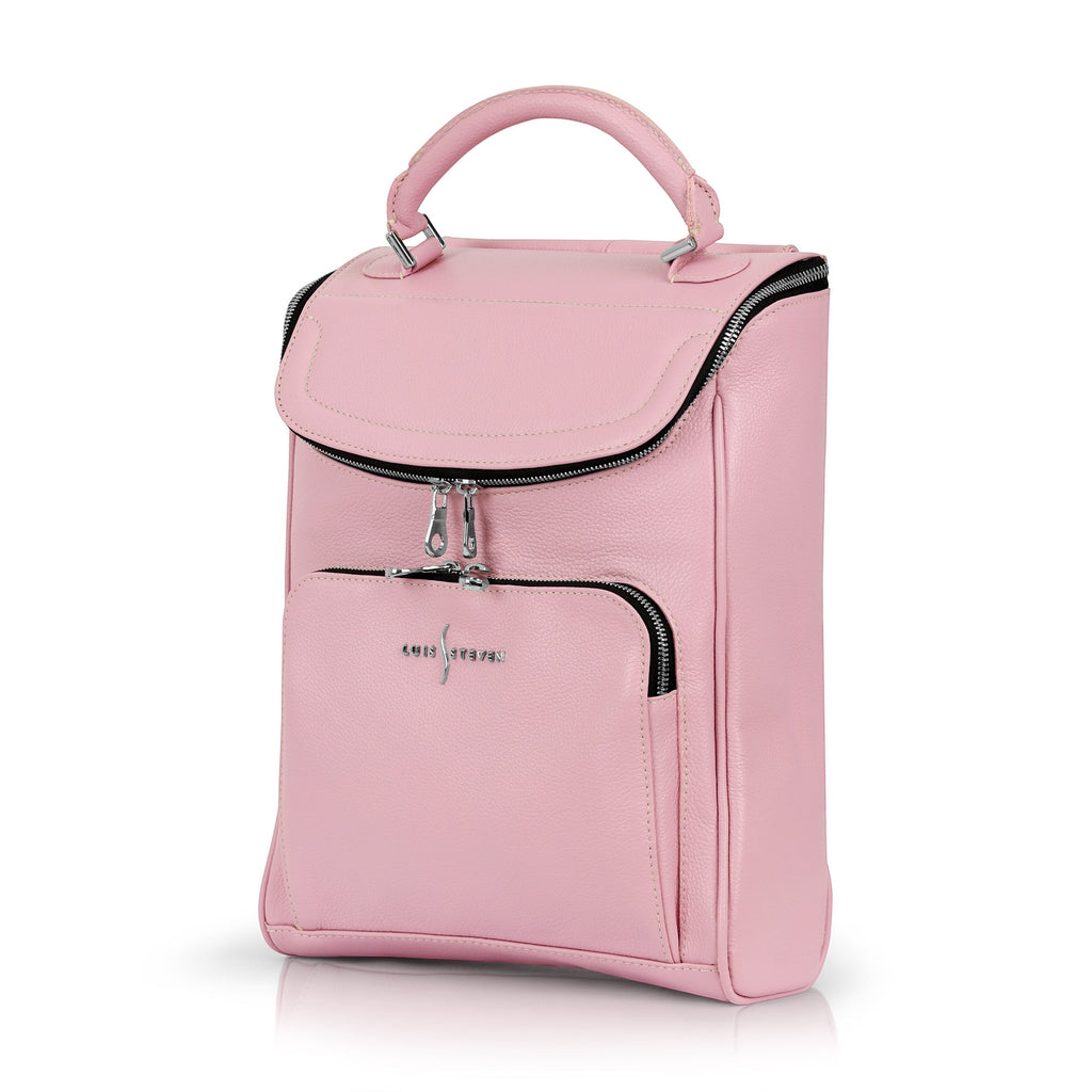 Luis Steven pink pebble leather small laptop backpack with top handle and front zipper pocket. Vertical briefcase style.