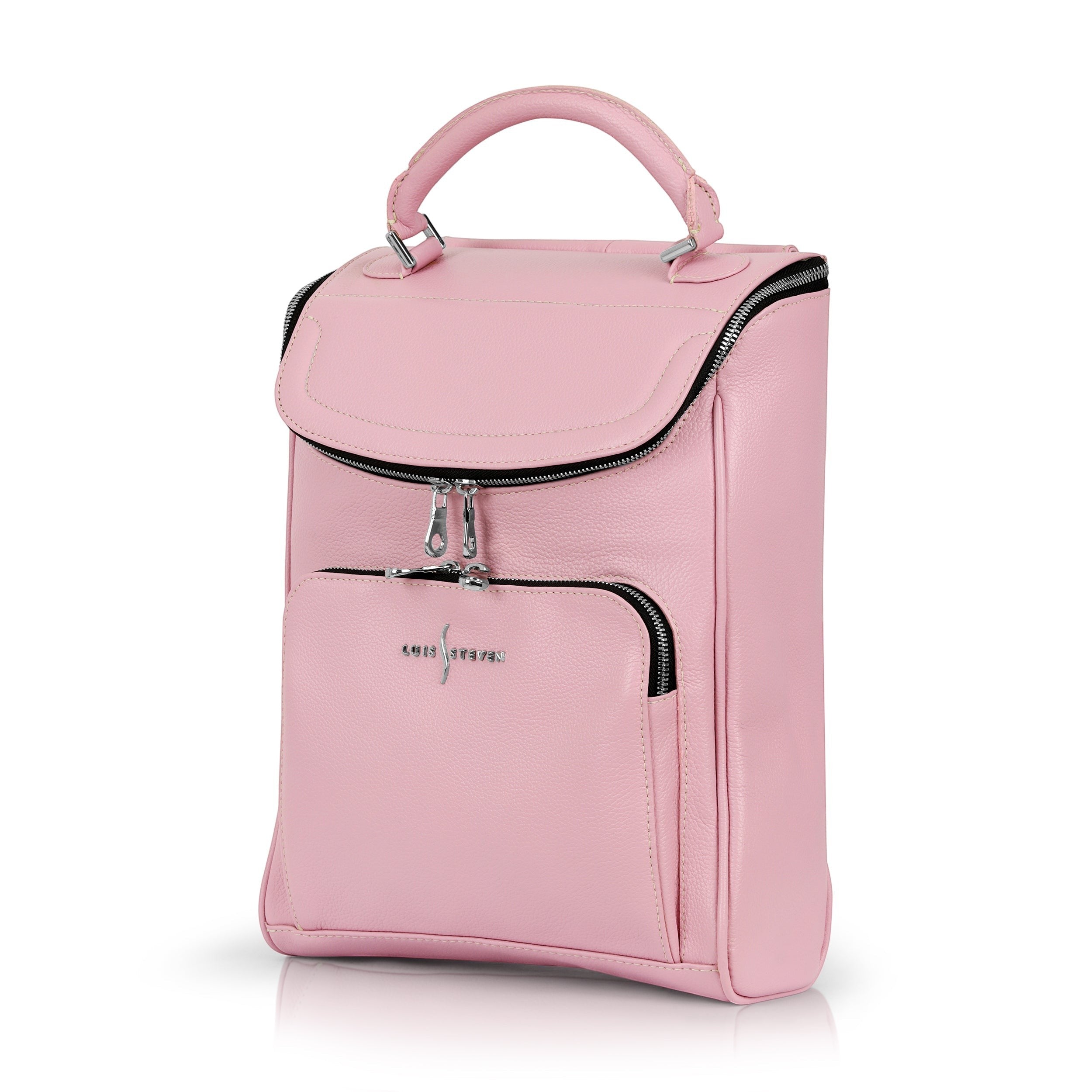 Luis Steven pink pebble leather small laptop backpack with top handle and front zipper pocket. Vertical briefcase style.