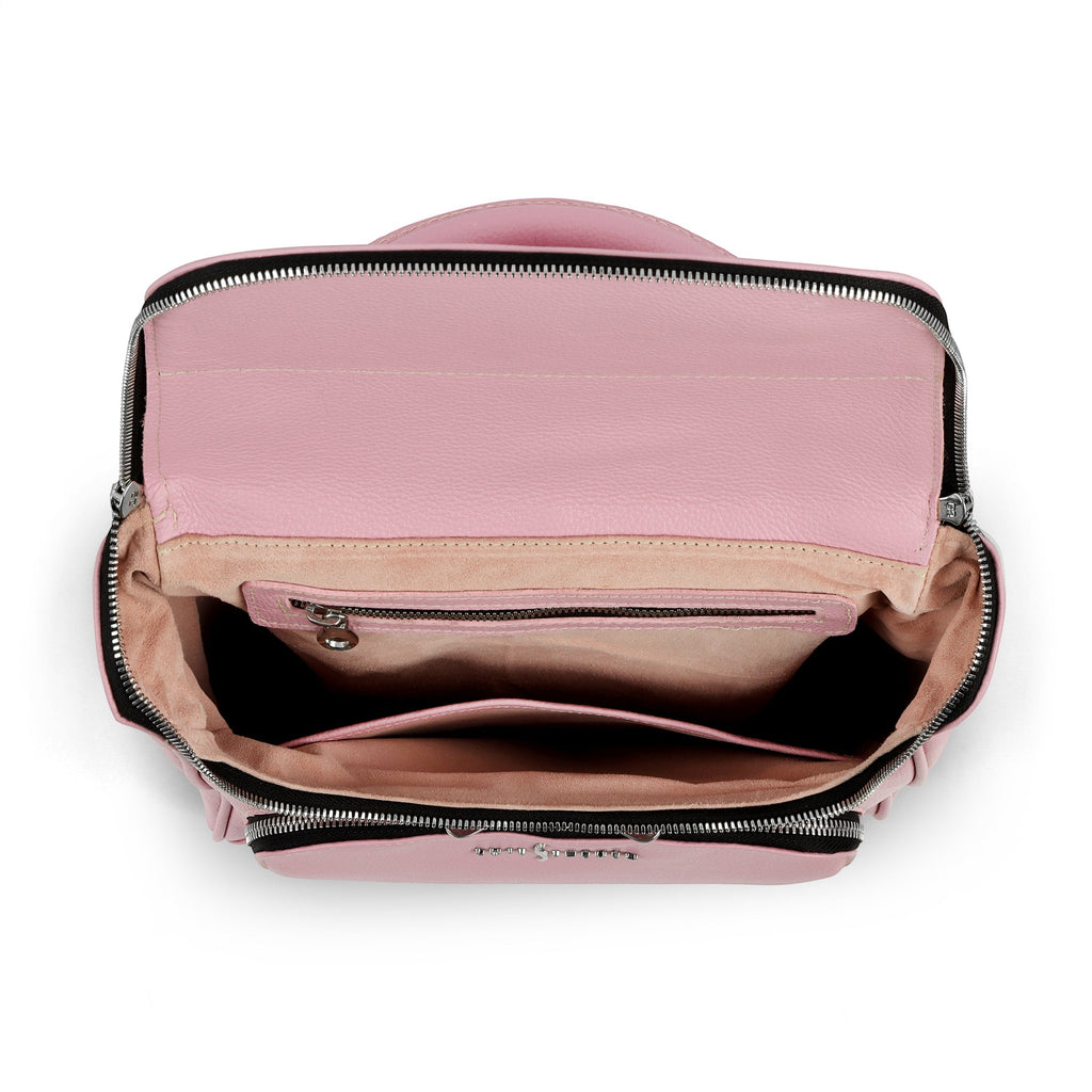 Luis Steven pink pebble leather small laptop pack with interior pockets and zipper closure.
