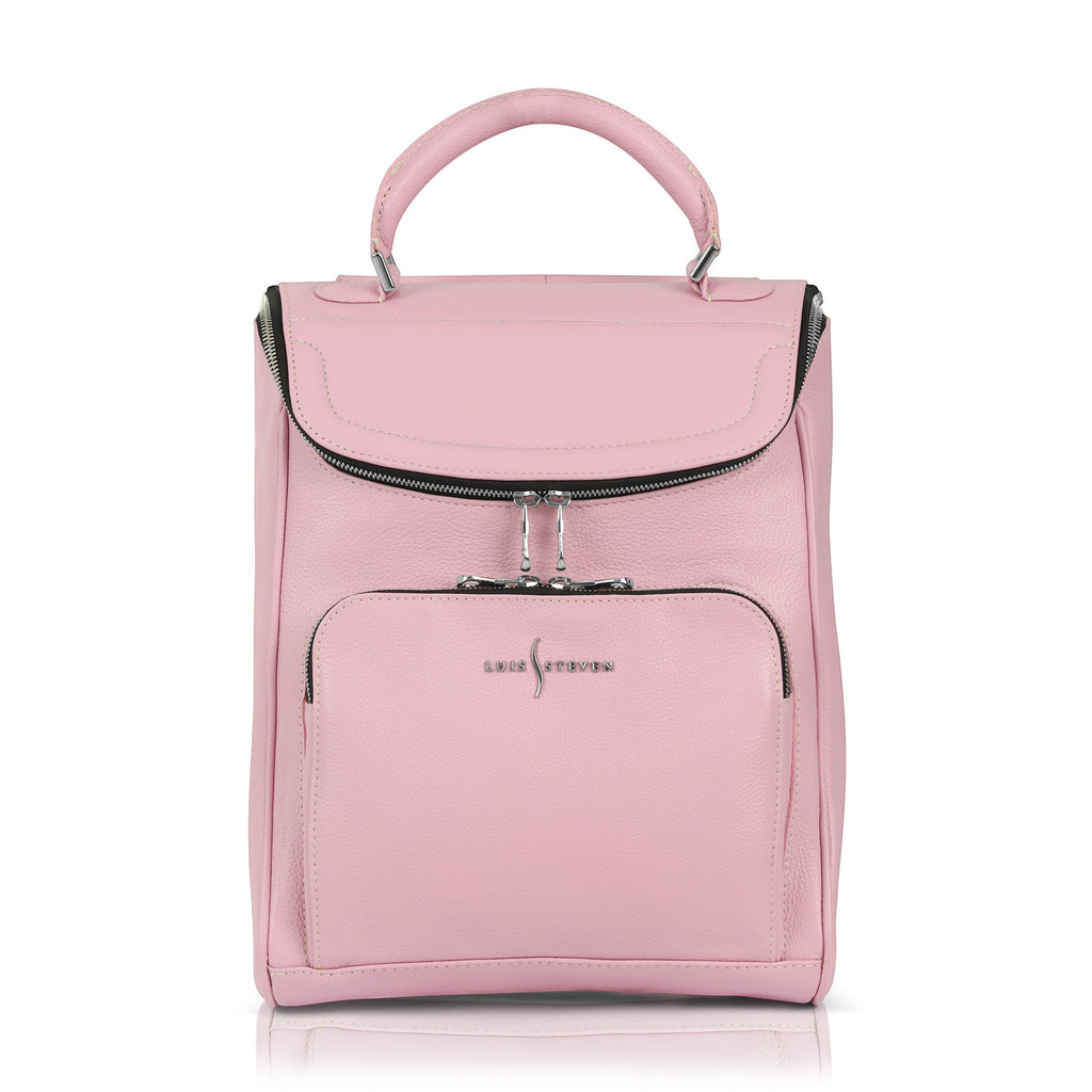 Luis Steven pink pebble leather small laptop backpack with top handle and front zipper pocket.