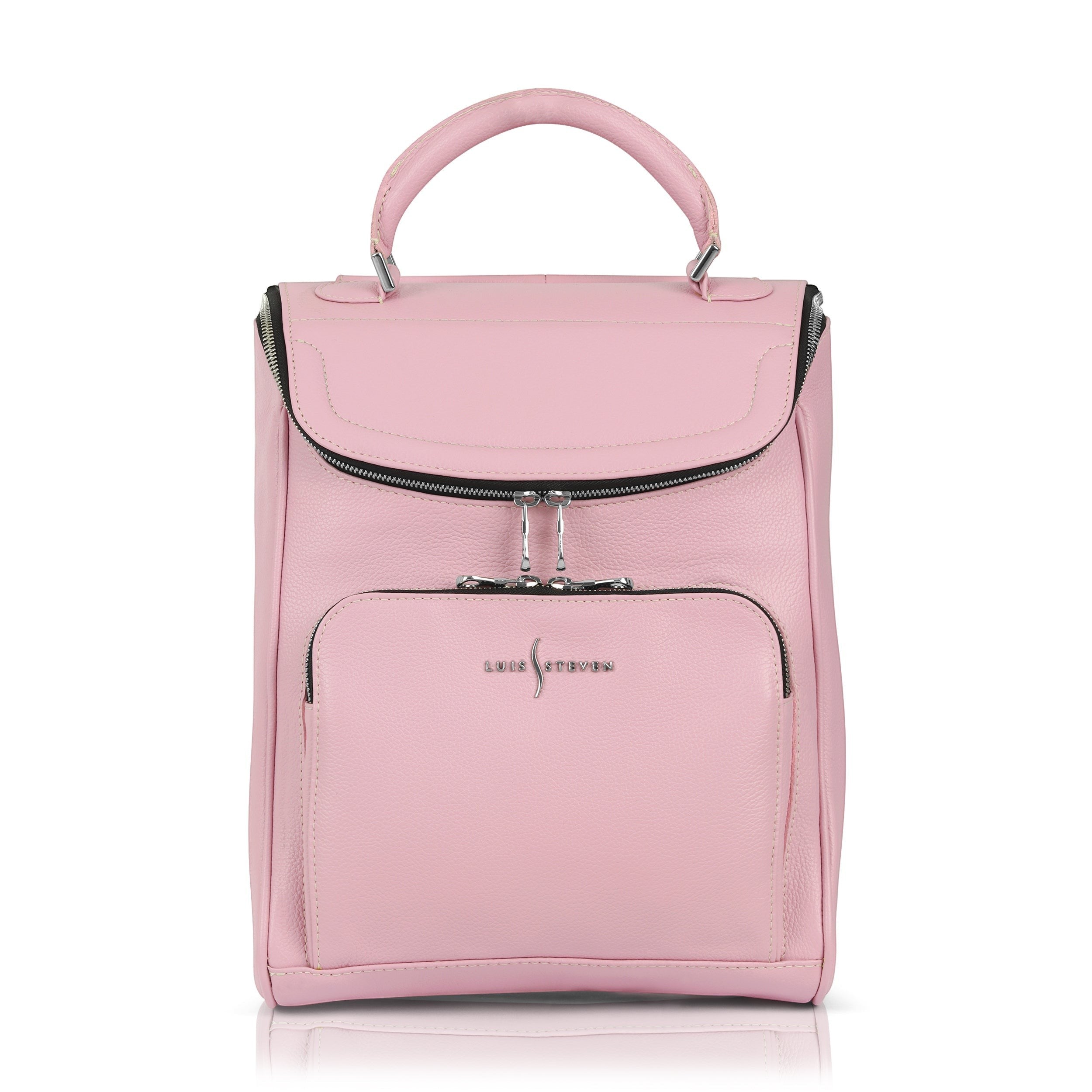 Luis Steven pink pebble leather small laptop backpack with top handle and front zipper pocket.
