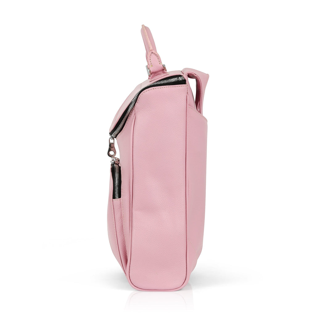 Luis Steven pink pebble leather small laptop backpack with top handle and front zipper pocket.
