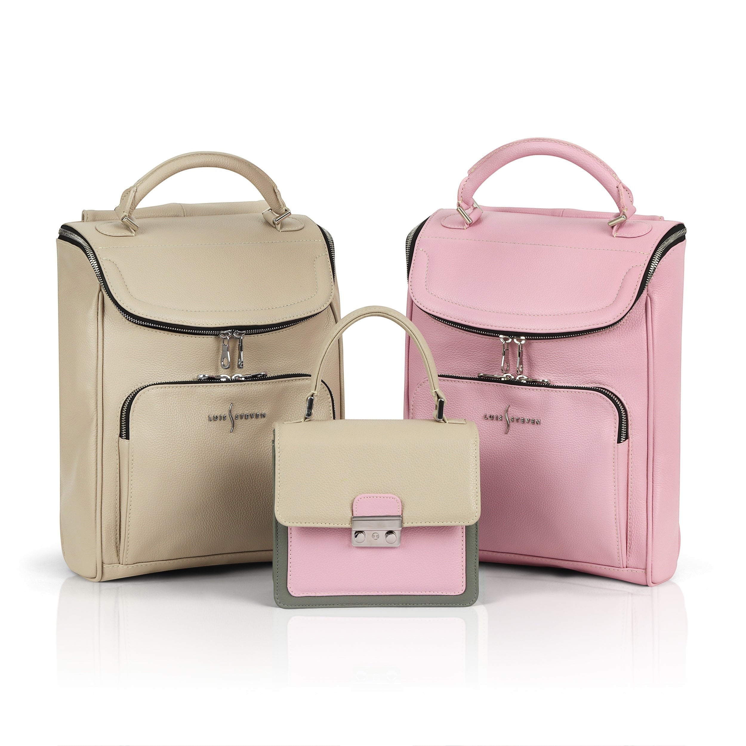 Luis Steven pink pebble leather small laptop backpack with top handle and front zipper pocket.