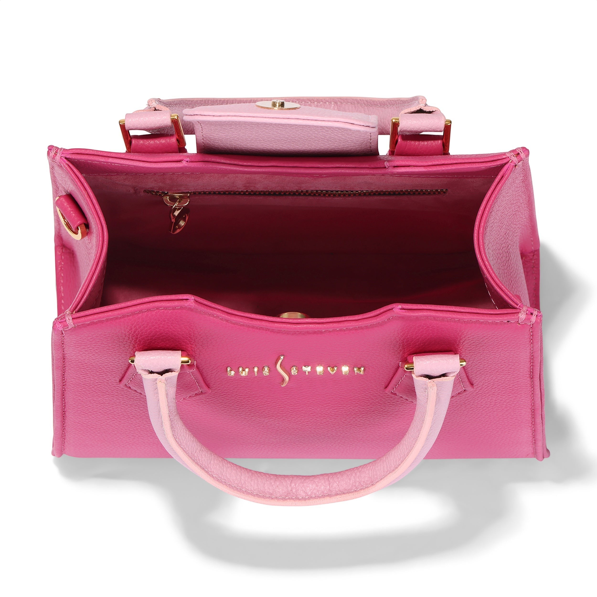 Luis Steven mini tote bag in pink pebble leather with dual top handles and a detachable crossbody strap. Features gold hardware and a magnetic closure.