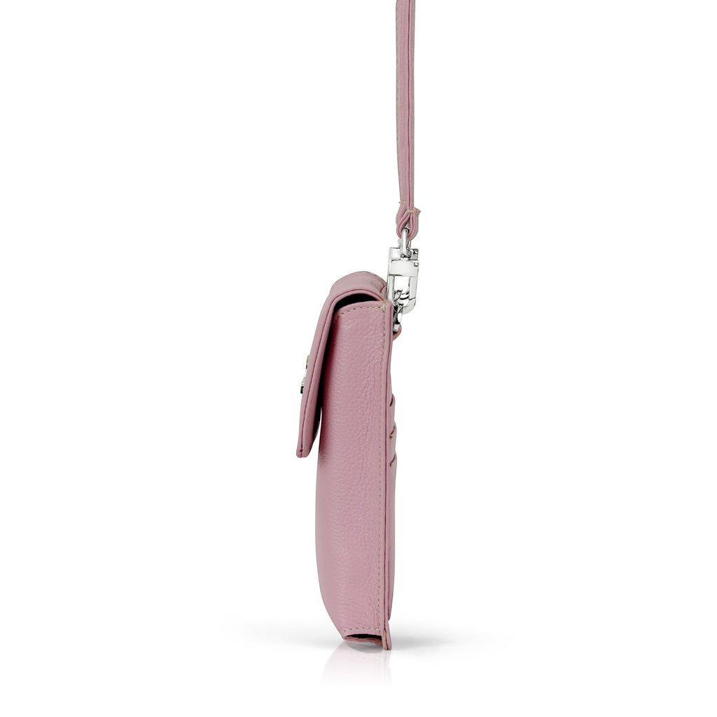 Luis Steven pink pebble leather smartphone pouch with flap closure, adjustable strap, and card slots.